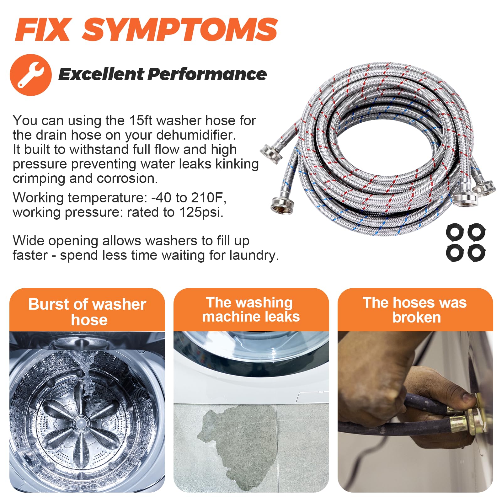 Beaquicy 15ft Long Washing Machine Hoses (2 Pack) - Stainless Steel Hot and Cold Water Supply Lines with Striped Design - Universal Fit for All Washing Machines - Burst Proof & Leak Free - 10 Year Warranty - Perfect for Laundry Rooms, Basements, and Apartments