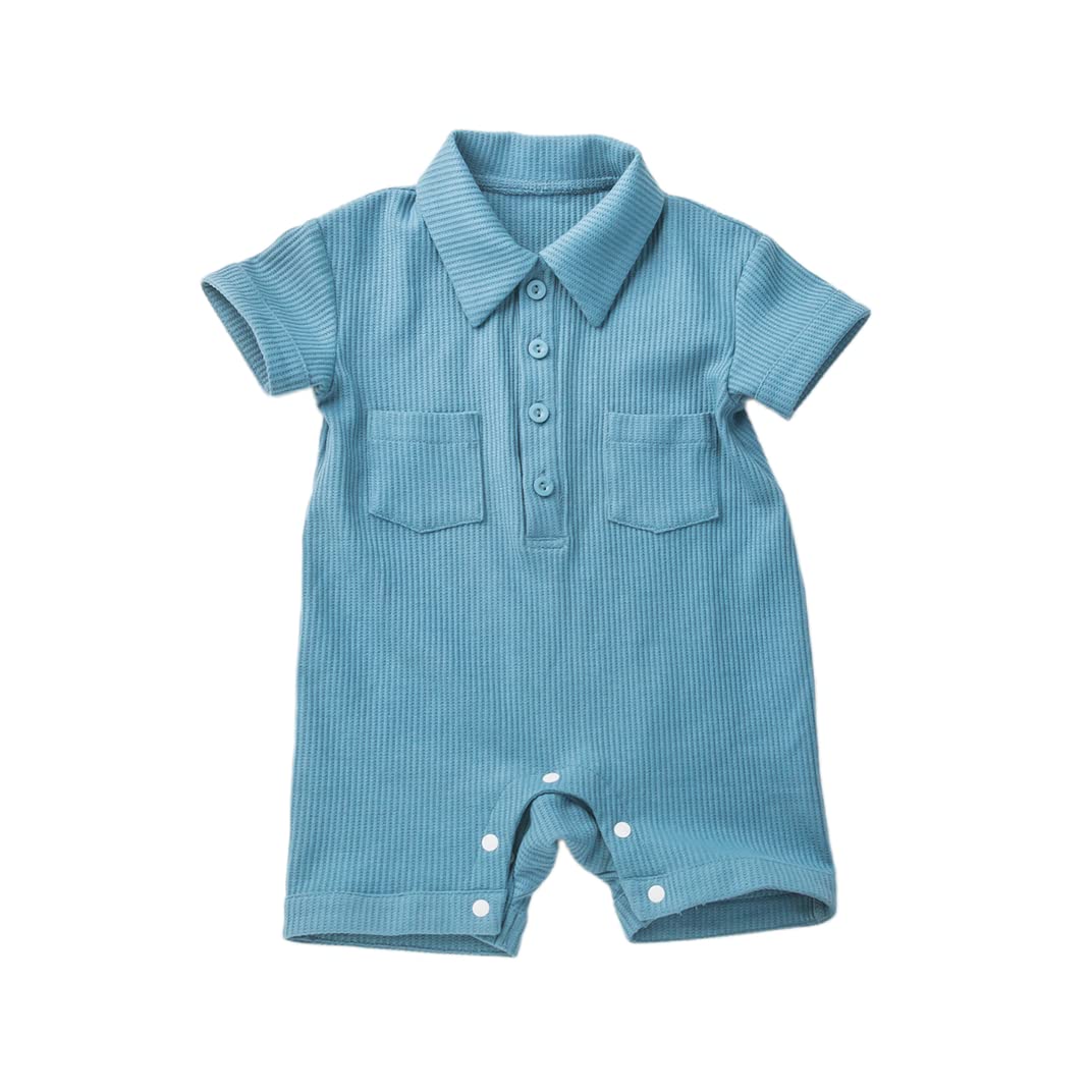 Newborn Baby Boy & Girl Jumpsuit - Lapel Short Sleeve Waffle Knit Romper - Solid Color One-Piece Outfit with Pockets - Perfect for Playtime, Photo Shoots & Daily Wear