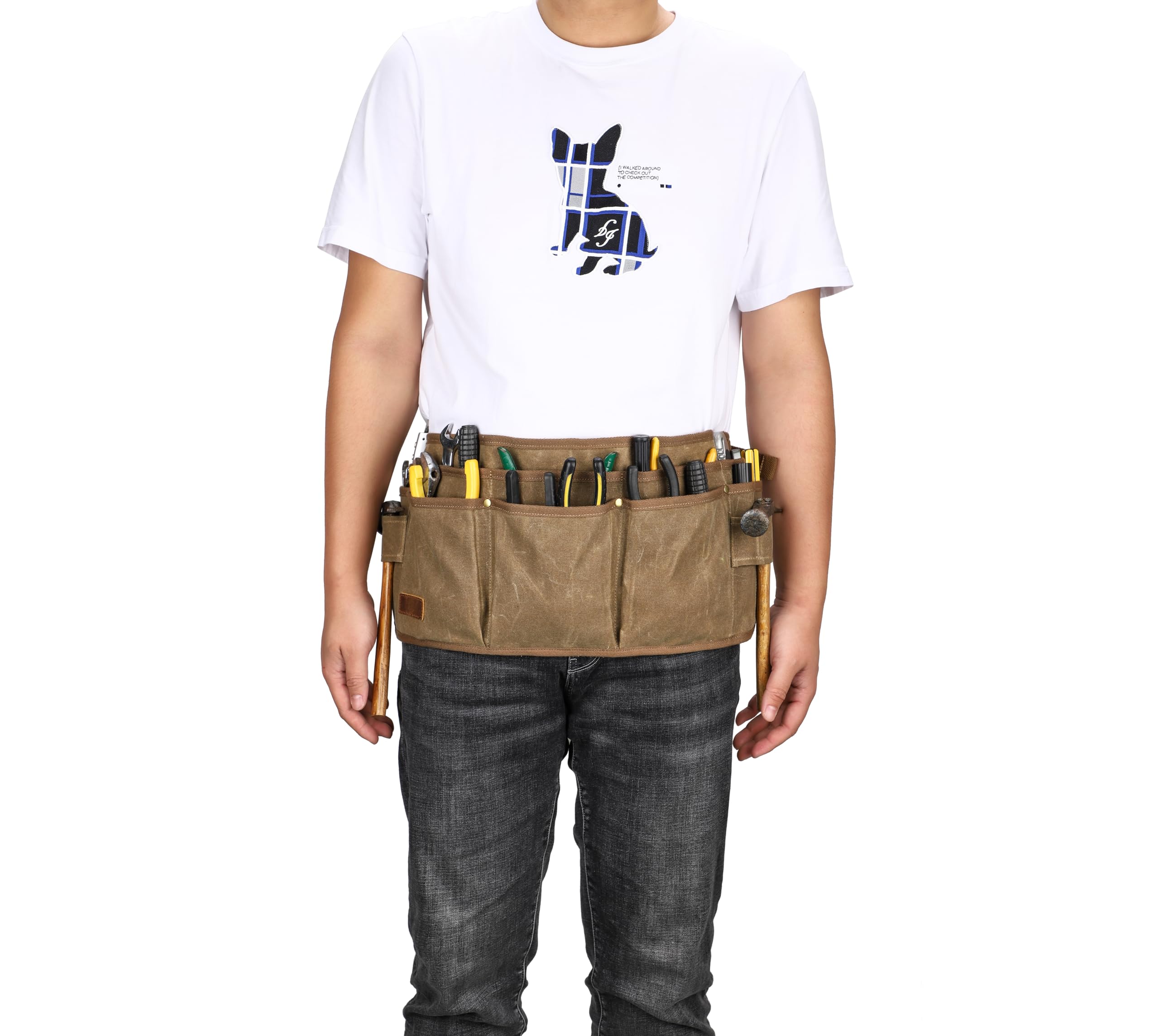 Heavy Duty Waxed Canvas Tool Belt with 10 Pockets & 2 Hammer Loops - Adjustable Waist Apron for Carpenters, Electricians & DIY Projects - Perfect for Construction, Woodworking & Home Renovation (Khaki)