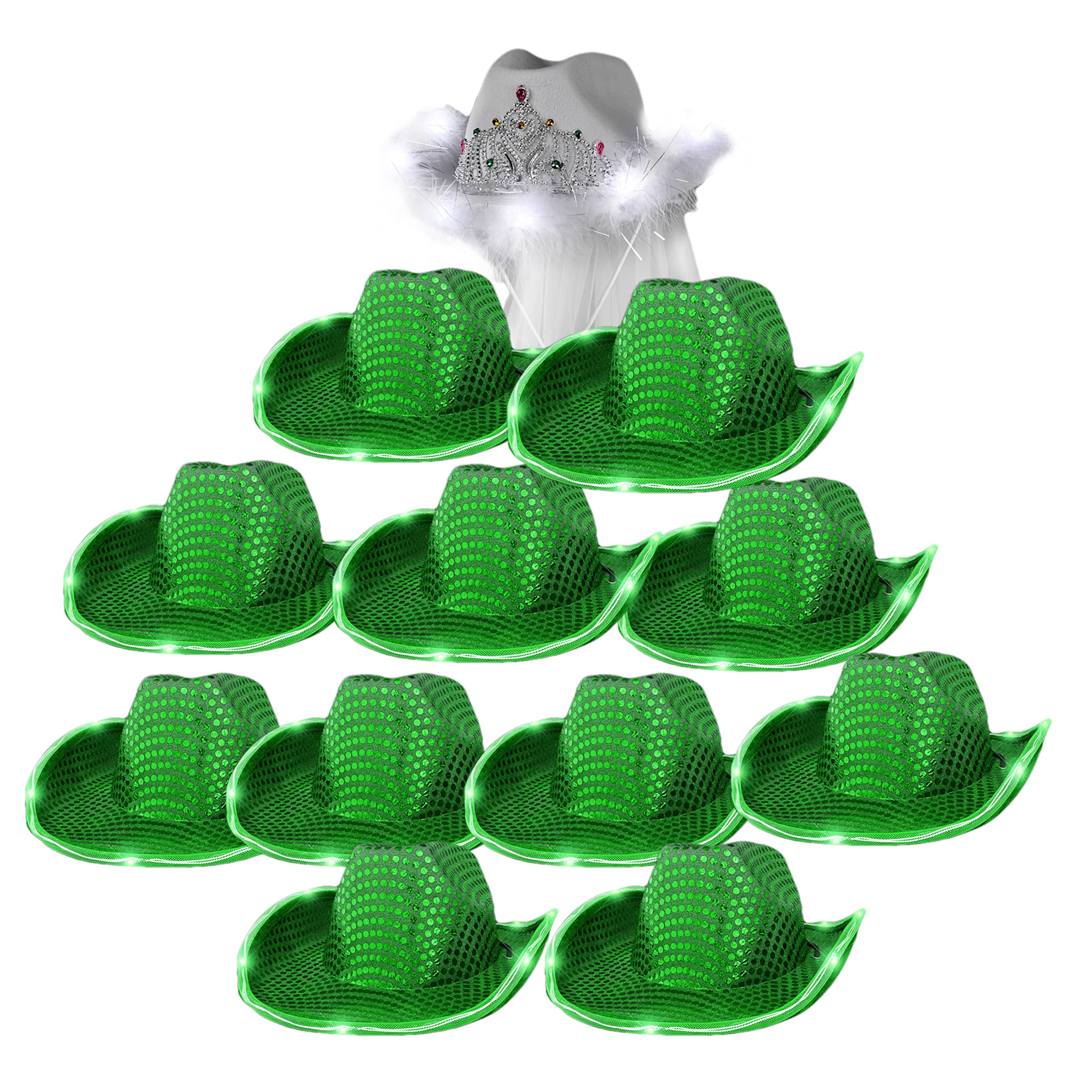 Blinkee Bridal Party Hat Pack - 11 Green LED Sequin Cowboy Hats & White LED Tiara Cowgirl Hat with Veil for Bachelorette Party, Wedding Reception & Western Theme Events