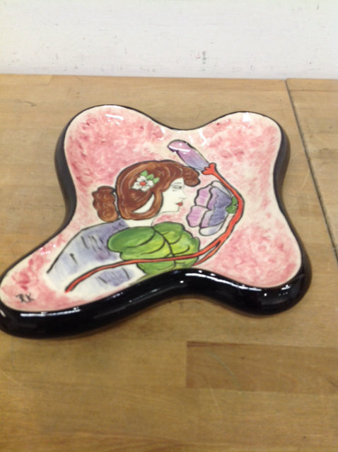 Hand-Painted Ceramic Tray with Woman Design - 13-Inch Decorative Serving Tray for Dining, Home Decor & Gift Giving