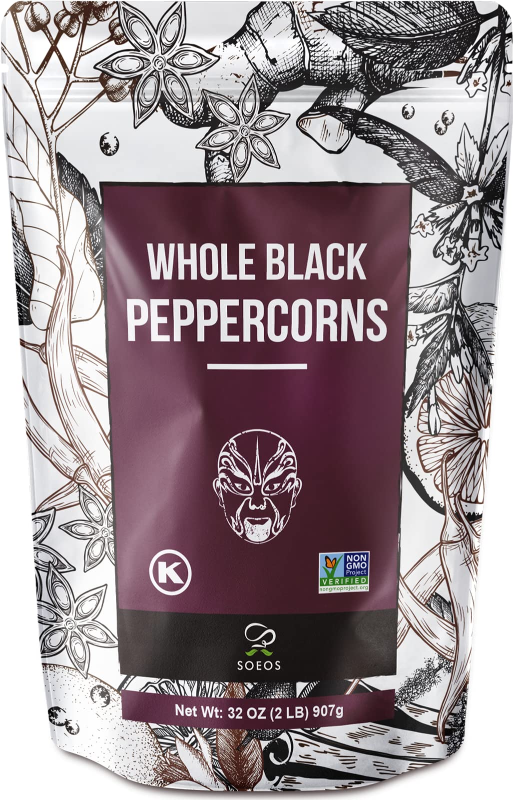Premium Soeos Whole Black Peppercorns 32oz - Non-GMO, Kosher Certified, Freshness-Sealed Packaging - Perfect for Pepper Grinder Refill & Gourmet Cooking - Ideal for Steaks, Salads, Soups & Home Kitchen Use