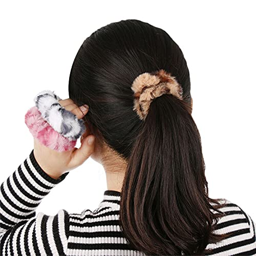 BAKEFY Leopard Print Scrunchies Hair Ties - 6 Pack Soft Elastic Hair Bands with Faux Fur for Women & Girls - Perfect for Workouts, Yoga, School and Everyday Styling