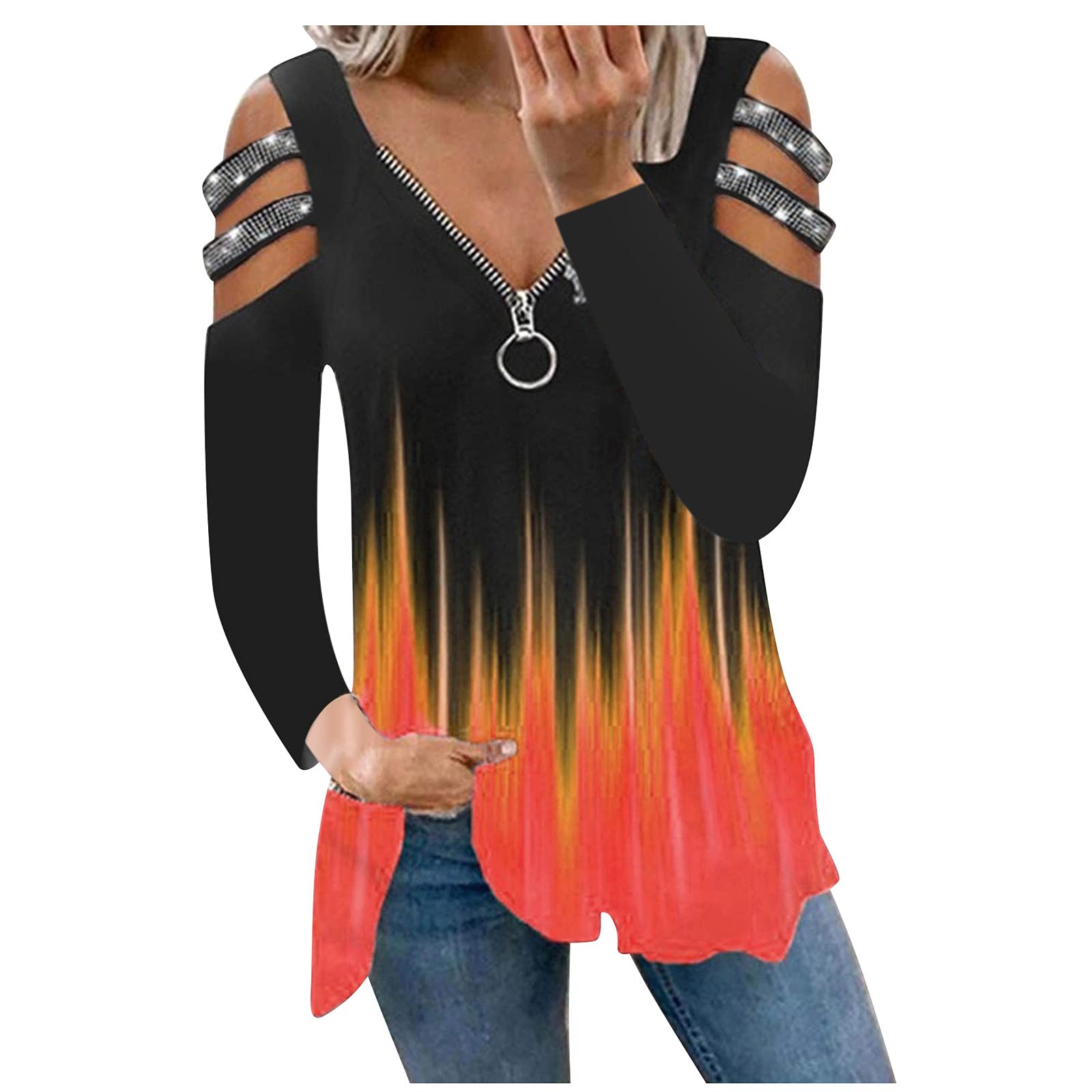 Women's Deep V Neck Tunic Tops - Sexy Raglan Long Sleeve Zip Down Blouse for Casual Wear | Perfect for Date Night, Office & Weekend Outfits