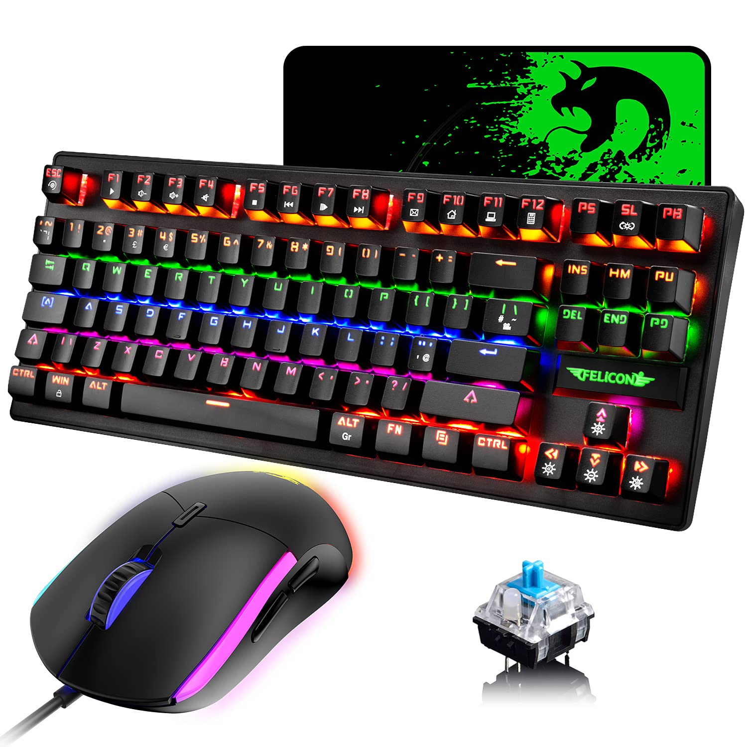 K2 UK Layout Gaming Keyboard and Mouse Set - 80% TKL Wired Mechanical Keyboard with 88 Keys, Clicky Optical Blue Switches, Rainbow Backlit, Lightweight PS4 Gaming Mouse & Mouse Pad for PC/MAC (Black) - Perfect for Esports, Streaming & Office Work
