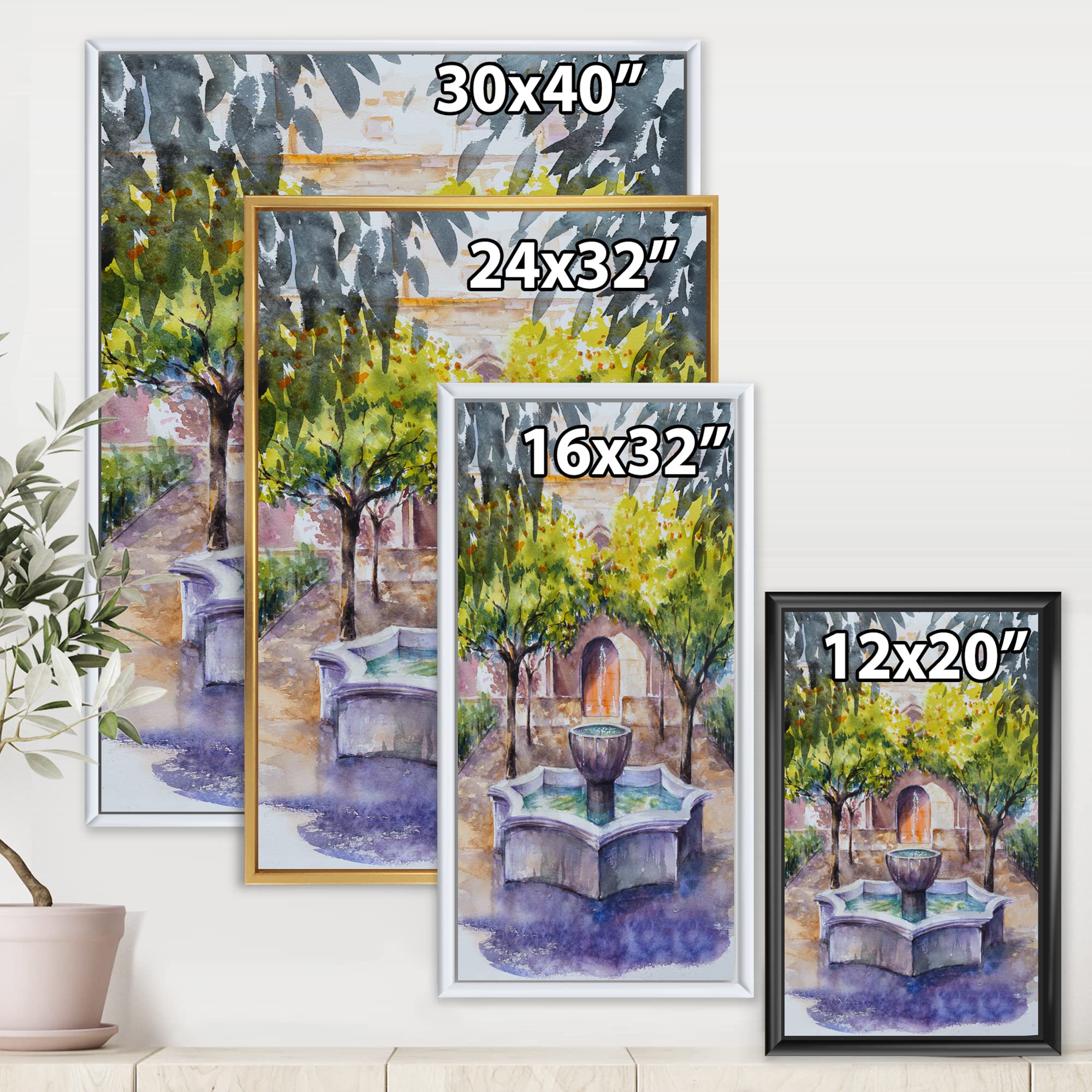 DesignQ Small Fountain Picture With Trees In The Village - Country Framed Canvas Wall Art Print for Living Room, Bedroom & Office Decor | Rustic Landscape Painting Home Decoration