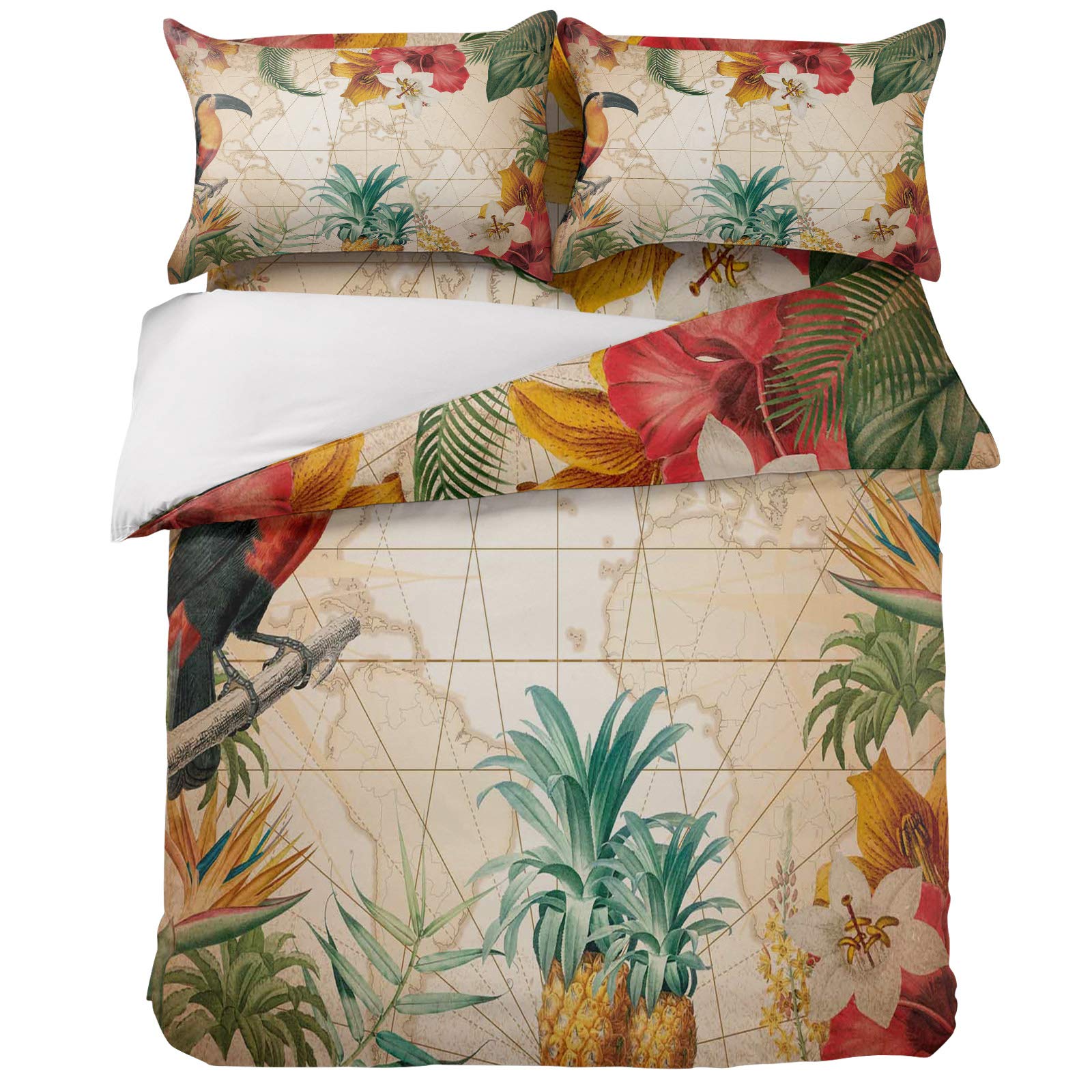 Litter Star 4-Piece Duvet Cover Set - Tropical Leaves & Toucan Print California King Size, Ultra Soft Quilted Bedding with 2 Pillowcases | Vintage Style Bedroom Decor for Boho, Tropical, or Coastal Themed Rooms
