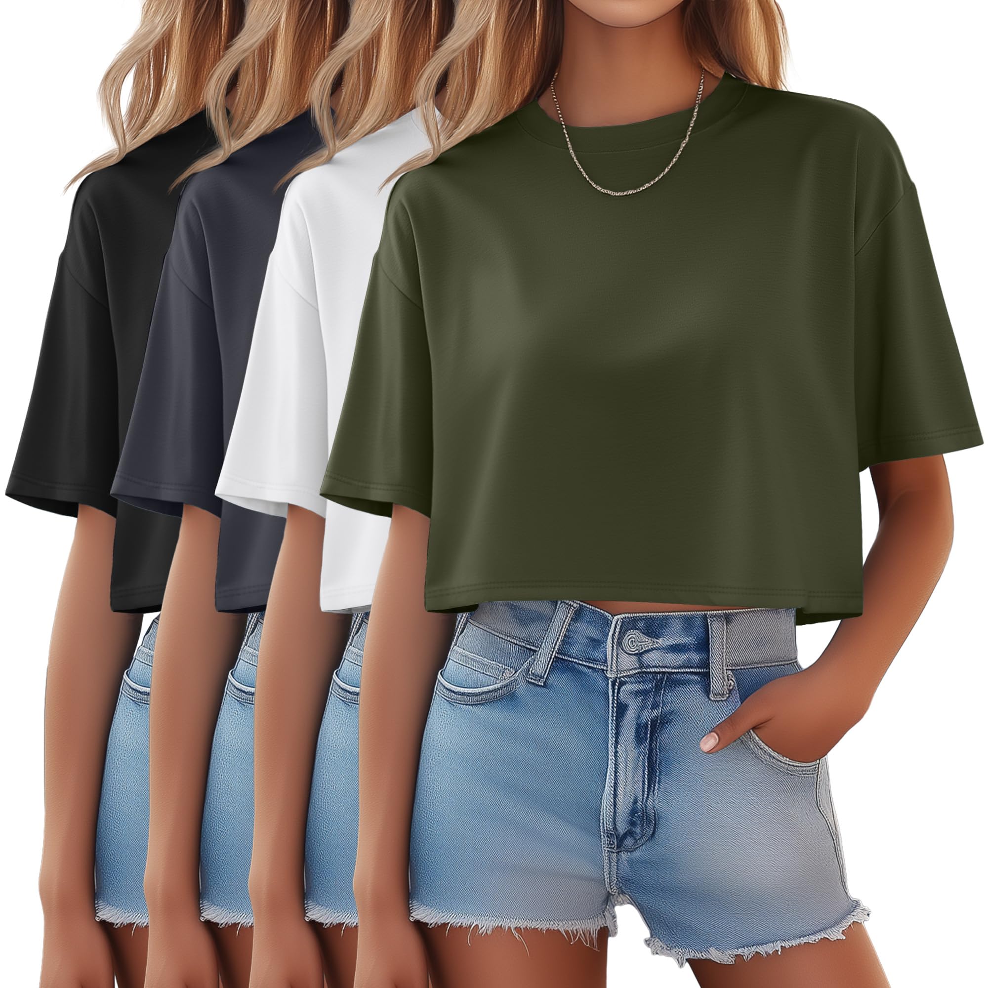 Riyiper 4 Pack Women's Half Sleeve Crop Tops - Casual Crew Neck Plain T-Shirts for Spring & Summer | Workout, Yoga, Office & Everyday Wear