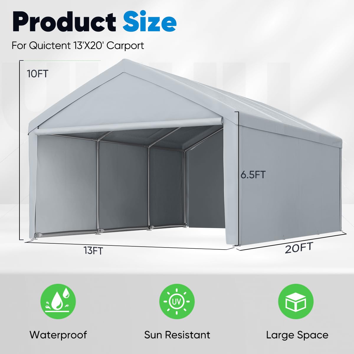 Quictent 13x20 FT Heavy Duty Galvanized Steel Carport Canopy - Weatherproof Car & Boat Shelter with Reinforced Top Poles, Removable Sidewalls & Ground Bar (Grey) - Perfect for Vehicle Protection, Outdoor Storage & RV Cover