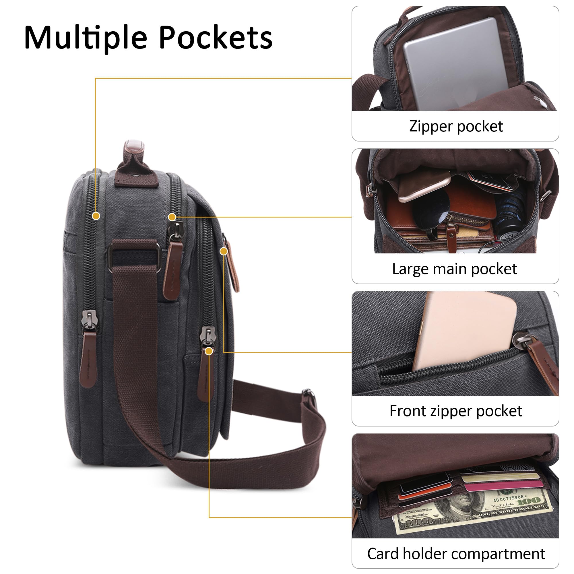 Vintage Canvas Messenger Bag for Men - DORRSO Crossbody Shoulder Bag with Handle & Multiple Pockets, Fits 10.9 Inch iPad - Perfect for Travel, Hiking, Camping & Daily Use (Black)