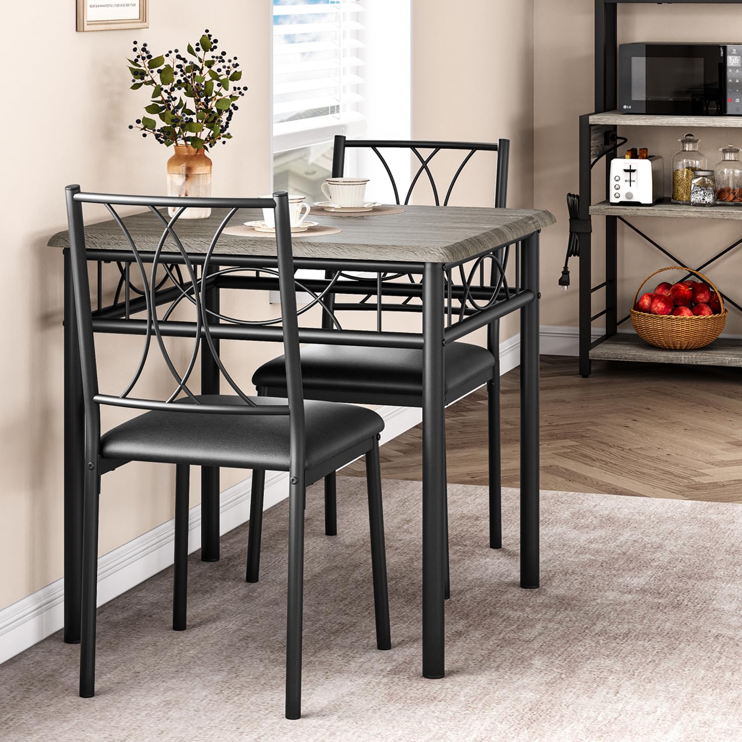 2-Piece Rustic Grey Square Dining Table Set with 2 Upholstered Chairs - Metal & Wood Kitchen Table for Small Spaces & Apartments - Perfect for Breakfast Nooks, Studio Dining, and Cozy Meals