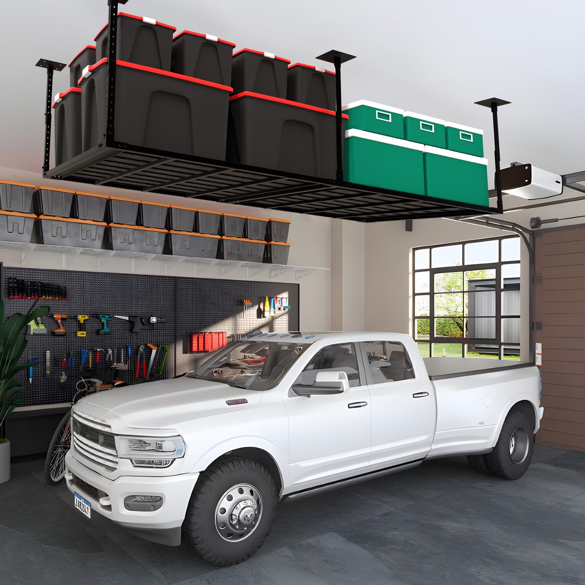Heavy Duty Overhead Garage Storage Rack 4x8ft - Adjustable Metal Ceiling Storage System with Bottom Plate & 5 Hooks - 1320Lbs Capacity - Black - Perfect for Organizing Tools, Sports Equipment & Seasonal Items in Garage