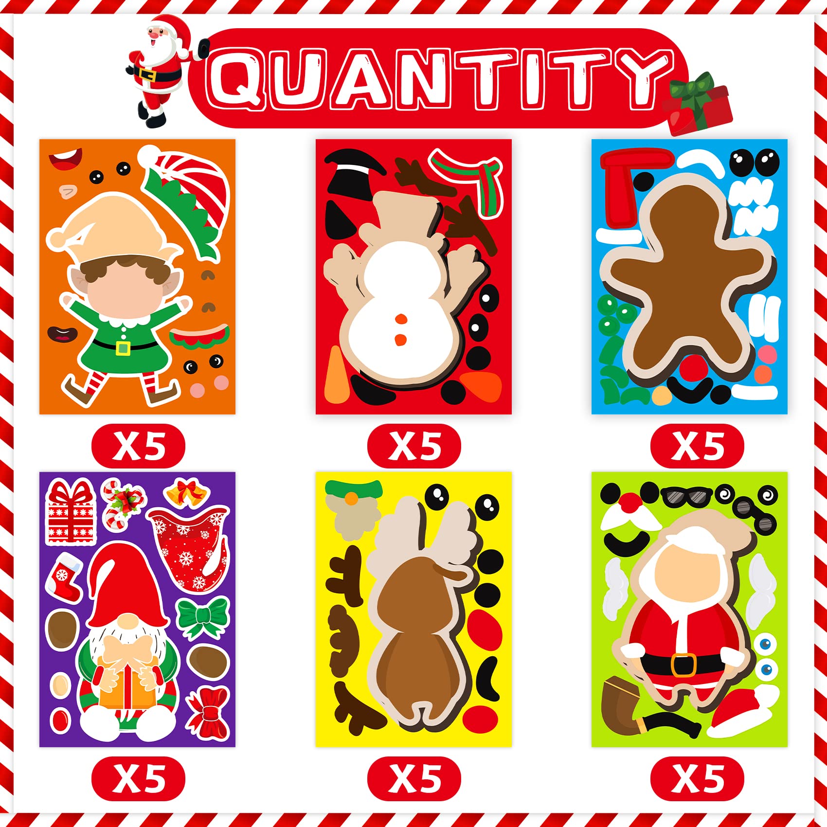 Funnlot 30 PCS Christmas Stickers for Kids - Snowman, Santa, Gingerbread & Reindeer Face Stickers - DIY Xmas Crafts & Holiday Party Games - Perfect for Classroom Activities & Family Christmas Decorations