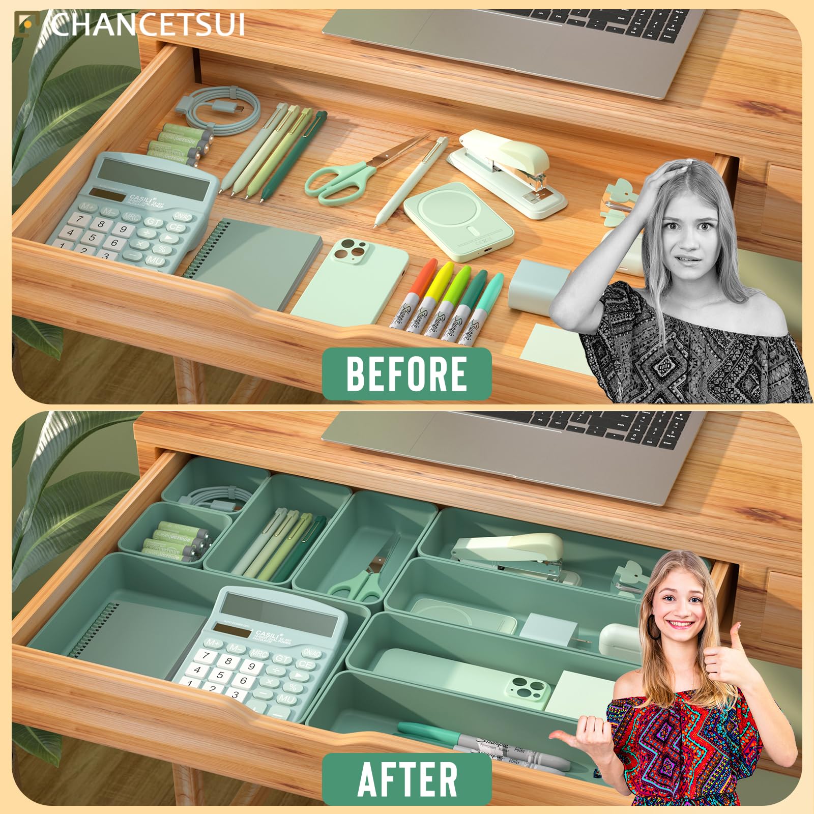 CHANCETSUI 9-Piece Stackable Drawer Organizer Set - Green PET Plastic Storage Trays for Vanity, Bathroom, Kitchen & Office | Space-Saving Multifunctional Drawer Dividers for Home & Work Organization