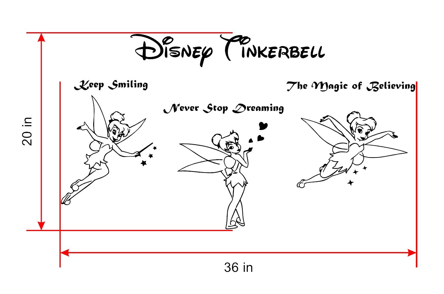 Disney Tinkerbell Fairies Never Stop Dreaming Vinyl Wall Decals - Burgundy Nursery Wall Stickers for Kids Room Decor, Baby Shower Gifts & Birthday Presents - Perfect for Bedroom, Playroom & Nursery Design