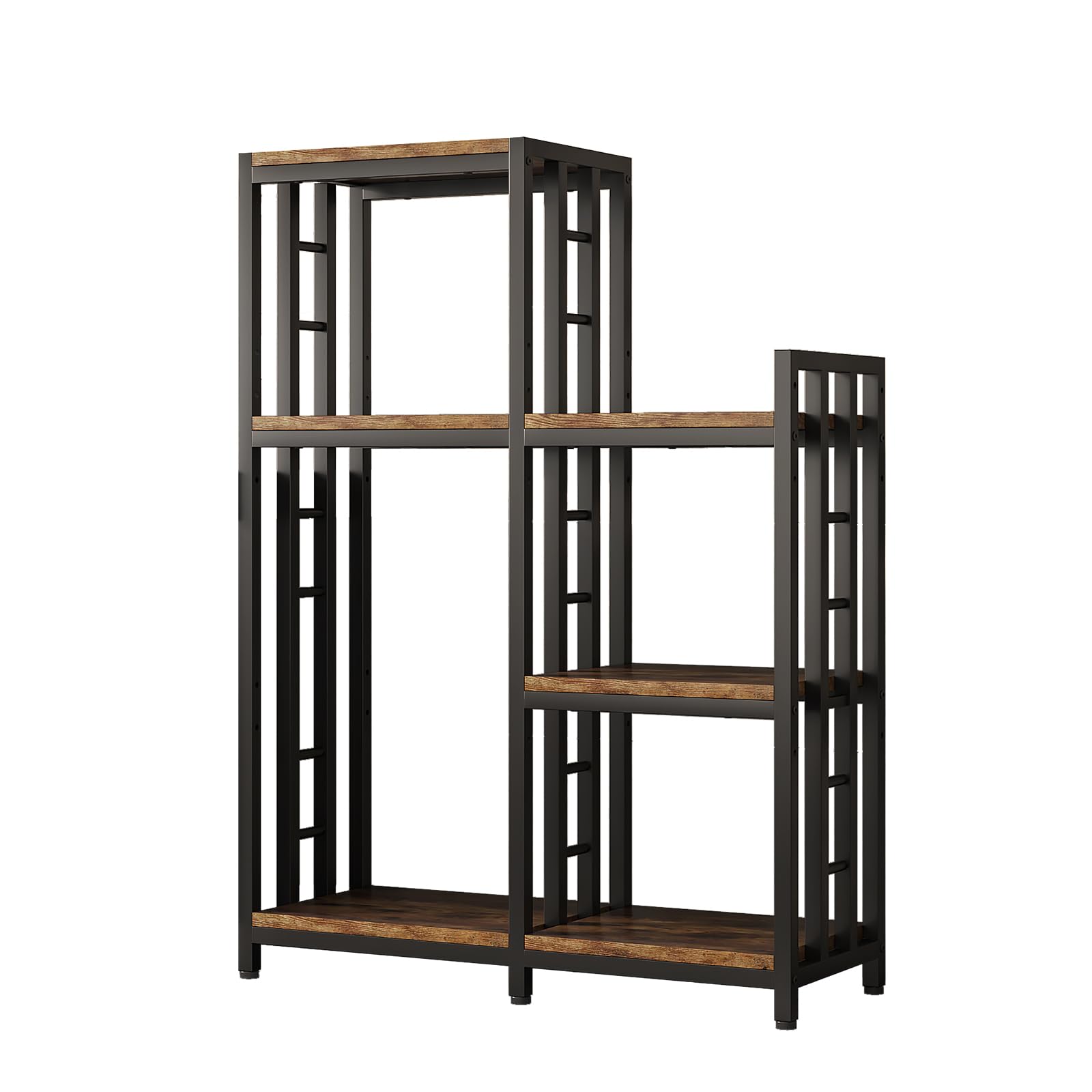 6-Tier Adjustable Height Kitchen Bakers Rack with Storage - Freestanding Microwave Stand, Mini Fridge Organizer & Coffee Bar Station - Rustic Brown for Living Room, Kitchen, or Small Apartment