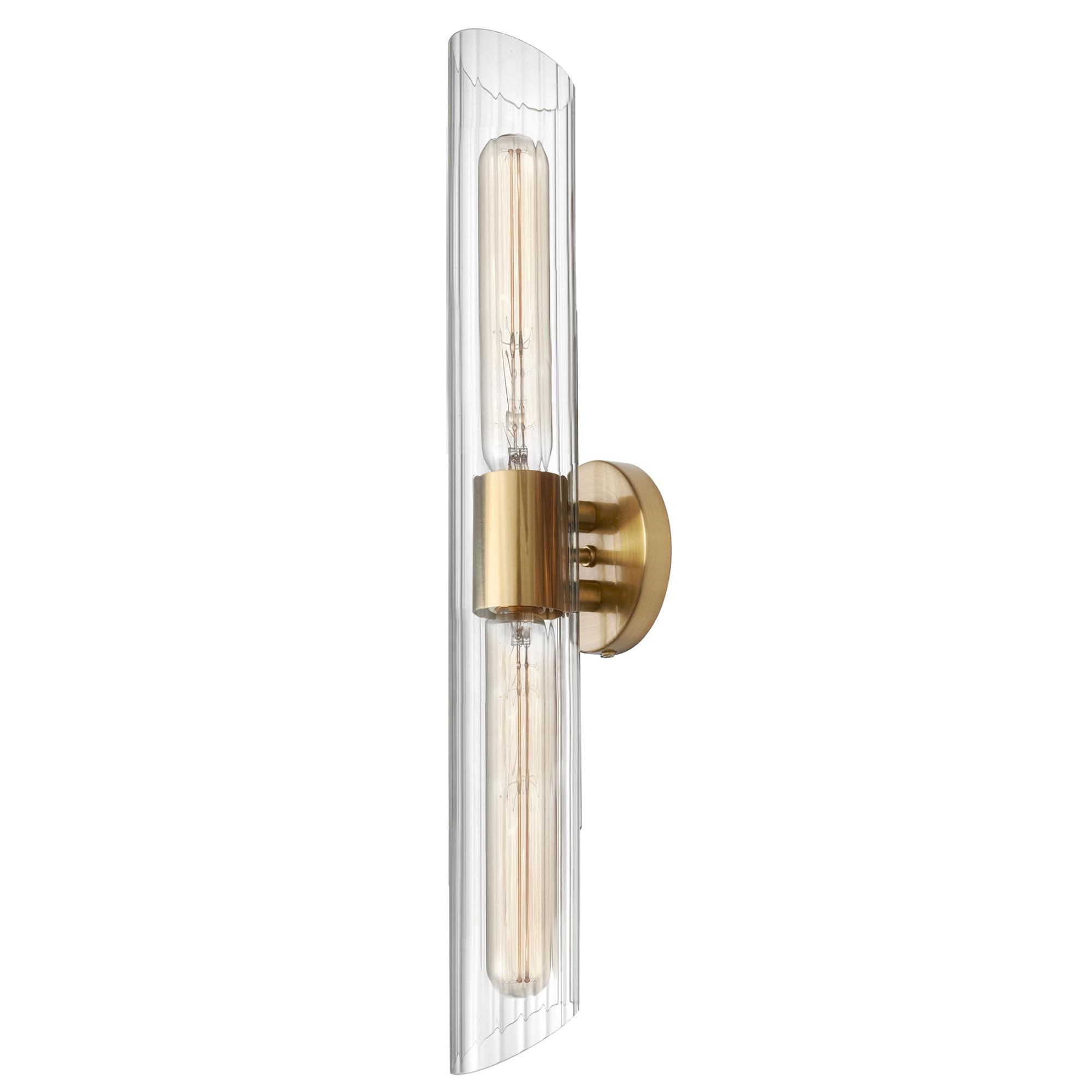 2-Light Aged Brass Vanity Light with Clear Fluted Glass Shades - Perfect for Bathroom, Powder Room, and Dressing Area Lighting