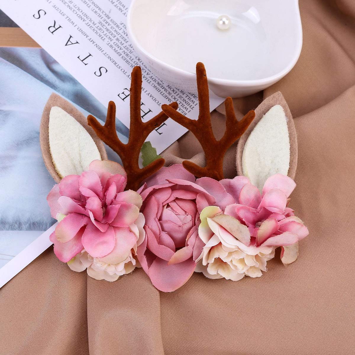 Baby Antler Headband - Newborn Rose Floral Crown Wreath with Berries for Photography, Baptism, and Special Occasions