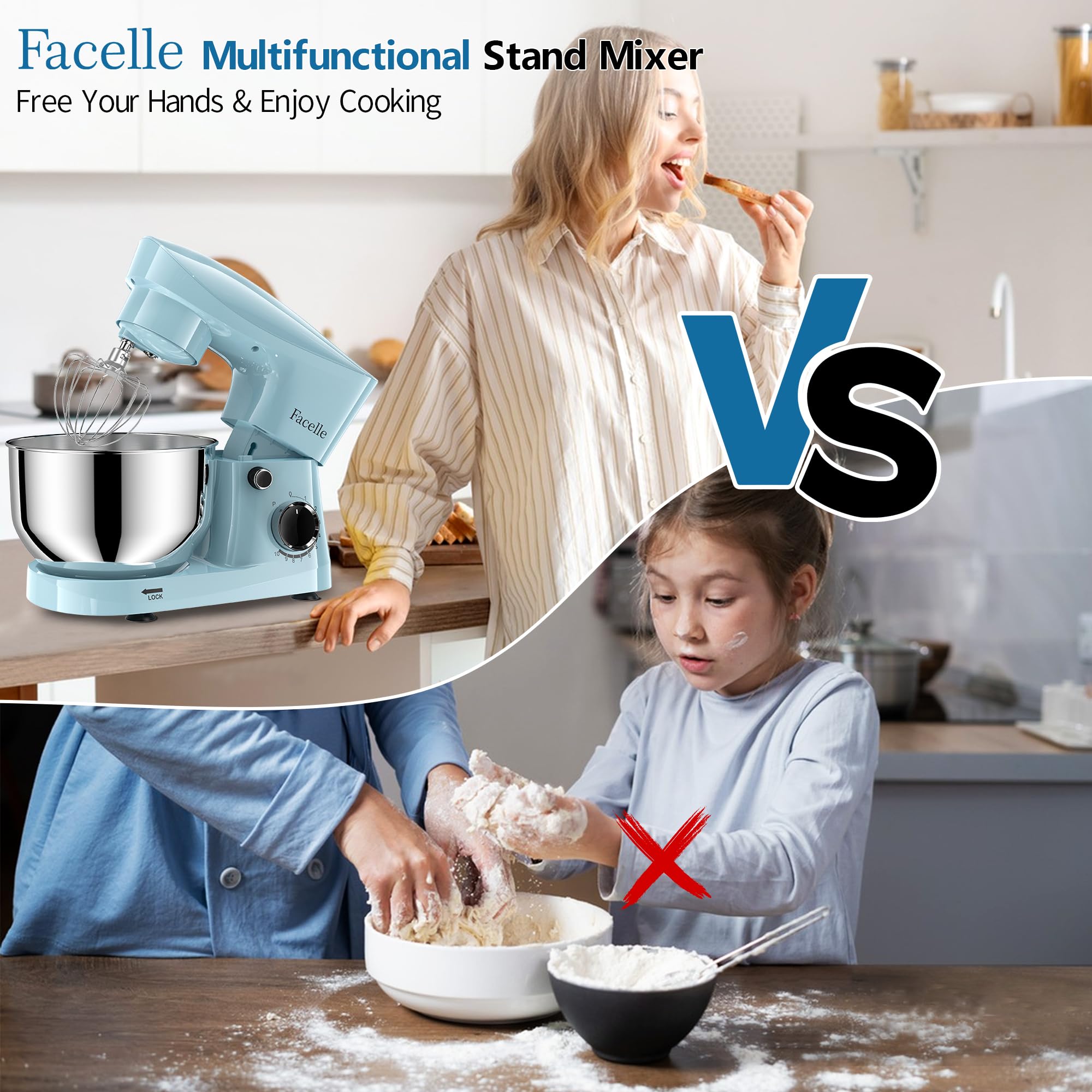 Facelle 10-Speed 6QT Stand Mixer, Tilt-Head Electric Kitchen Mixer with Beater, Dough Hook & Wire Whip - Perfect for Baking Cakes, Cookies, Bread & Pastries at Home (Blue)