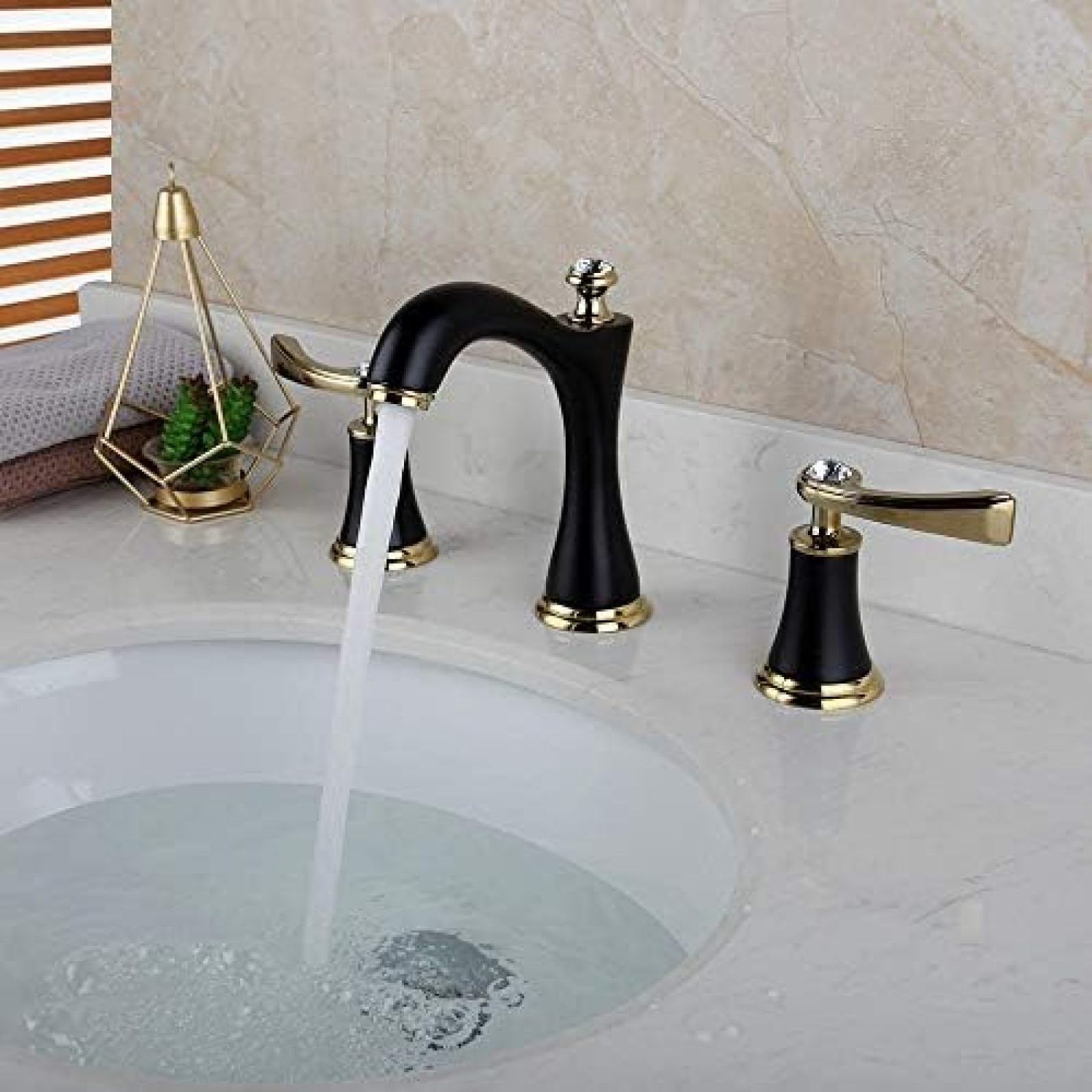 CRJUS Black Brass 3-Piece Bathroom Faucet Set - Deck Mounted 2-Handle Bathtub & Basin Mixer Tap with Diamond Finish - Perfect for Modern Bathroom & Sink Upgrades