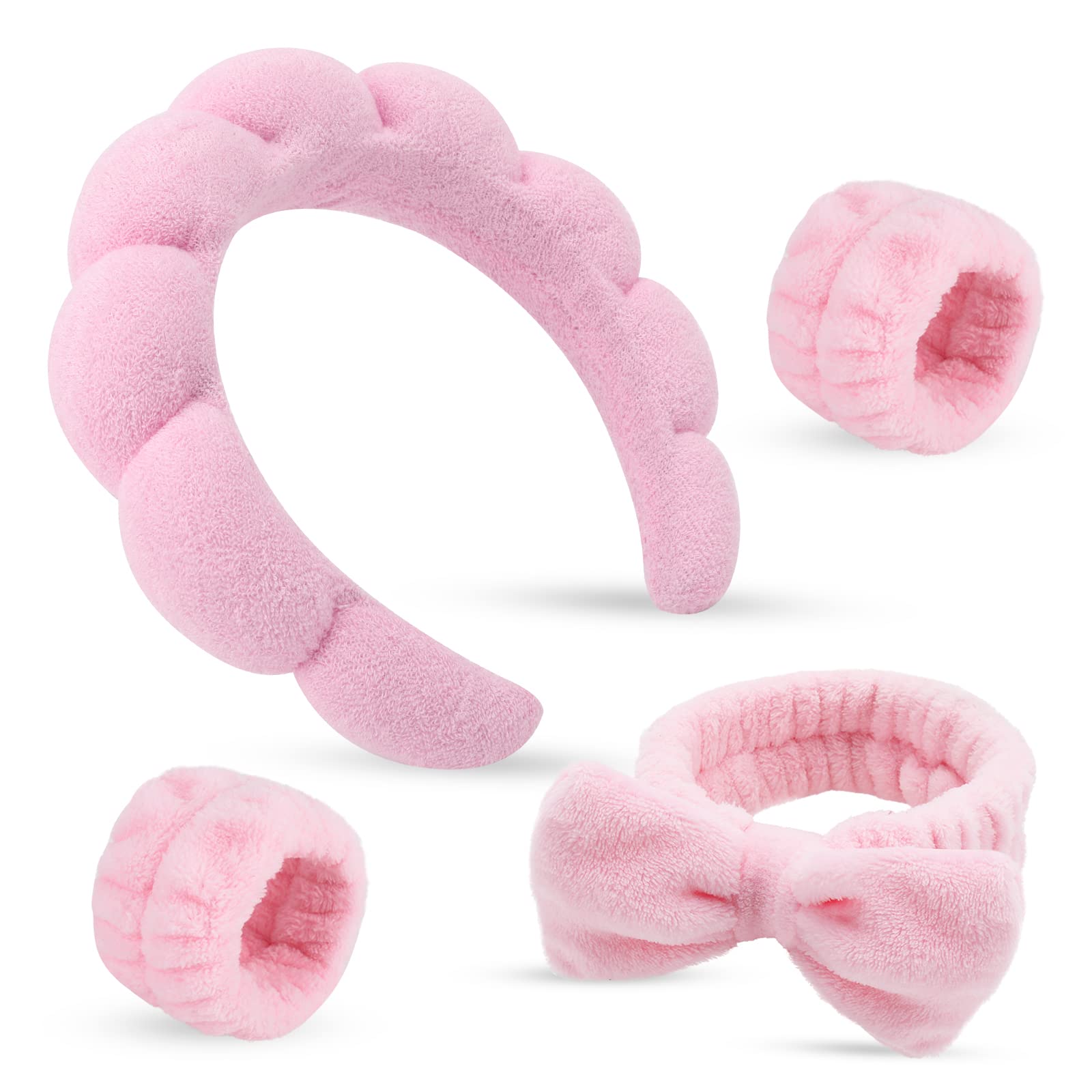 Puffy Spa Headband for Women - Soft Terry Cloth Hair Band for Skincare, Makeup & Face Washing - 4-Piece Set with Wristband Scrunchies - Perfect for Spa Days, Beauty Routines & At-Home Relaxation