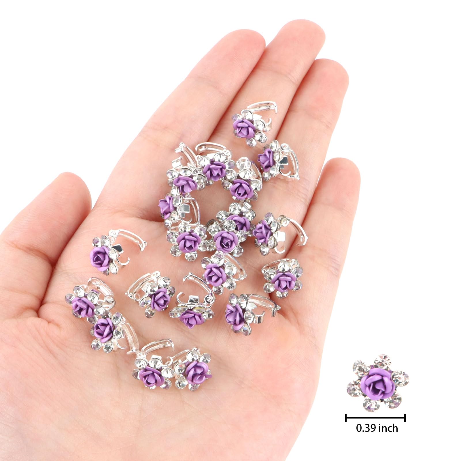 YISSION 20Pcs Mini Purple Flower Hair Clips with Rhinestones - Cute Decorative Hair Pins for Women & Girls - Wedding & Bridal Hair Accessories - Perfect for Parties, Prom, Daily Styling