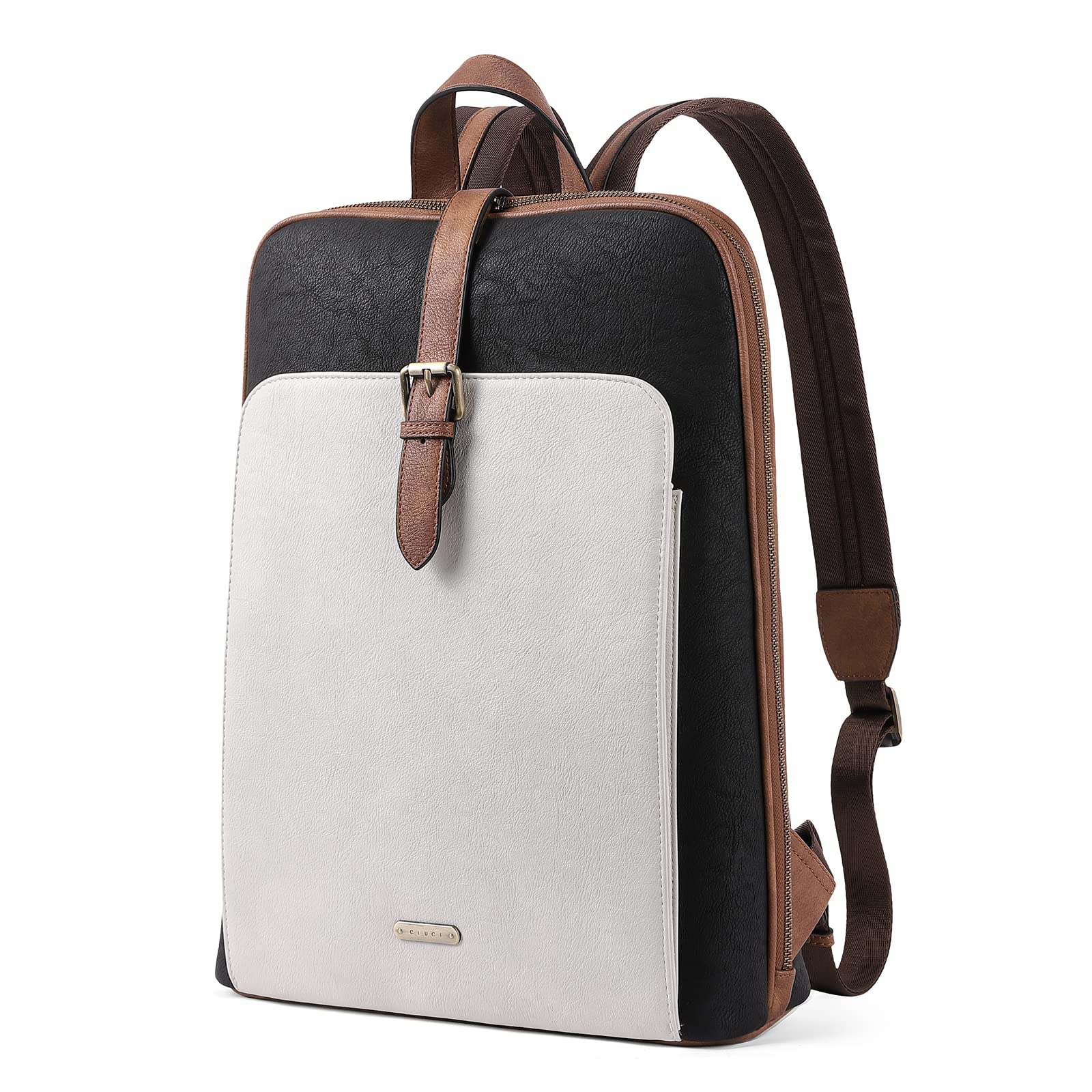 CLUCI Genuine Leather Backpack for Women - 15.6 Inch Laptop Backpack, Stylish Work & Travel Purse, Water-Resistant Daypack (Black/Off-White Brown) - Perfect for Office Commute, College & Business Trips