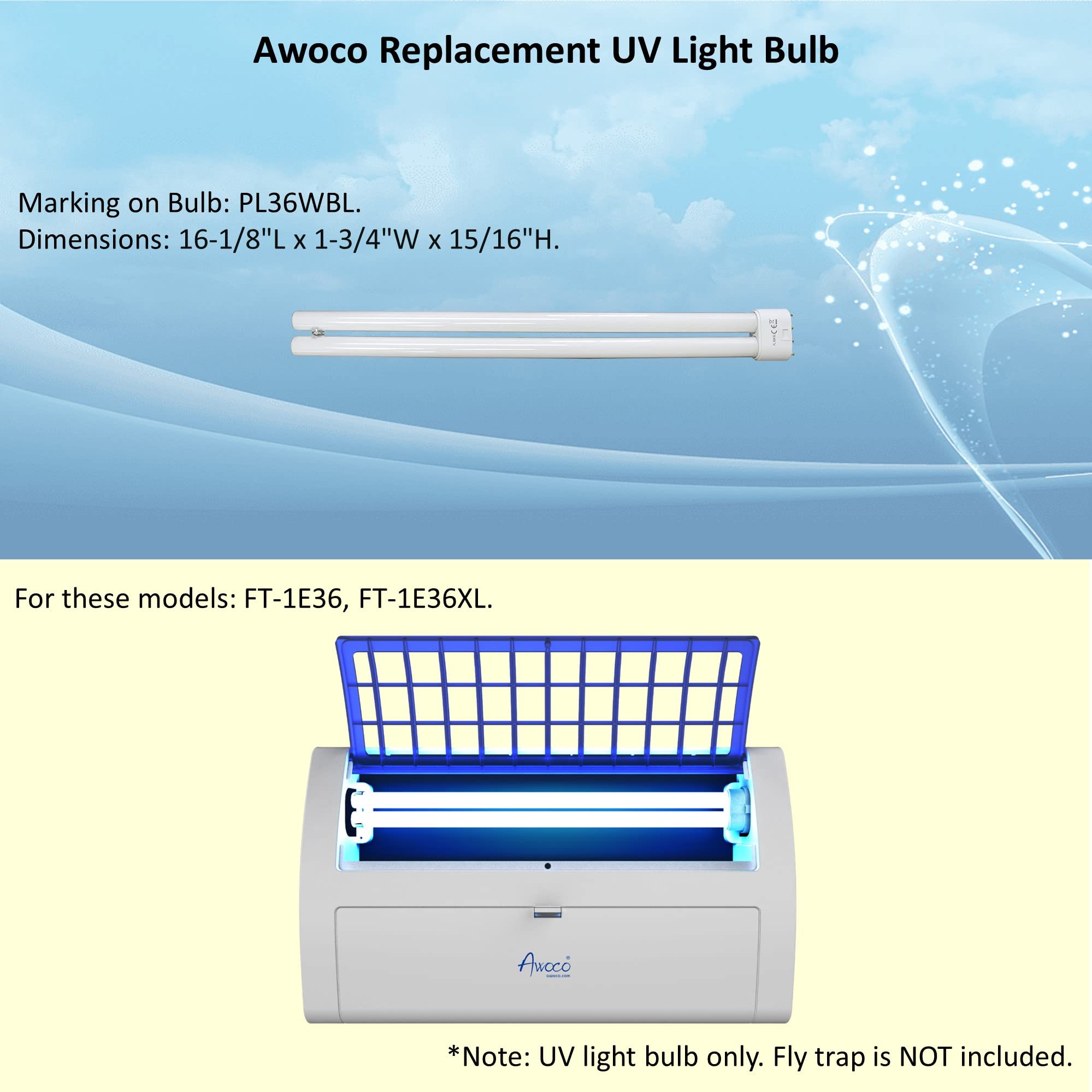Awoco PL 36W BL Fluorescent UV Light Bulb for Wall Mount Sticky Fly Trap Lamp FT-1E36 (36W) - Insect Control for Home, Kitchen, Restaurant & Outdoor Use