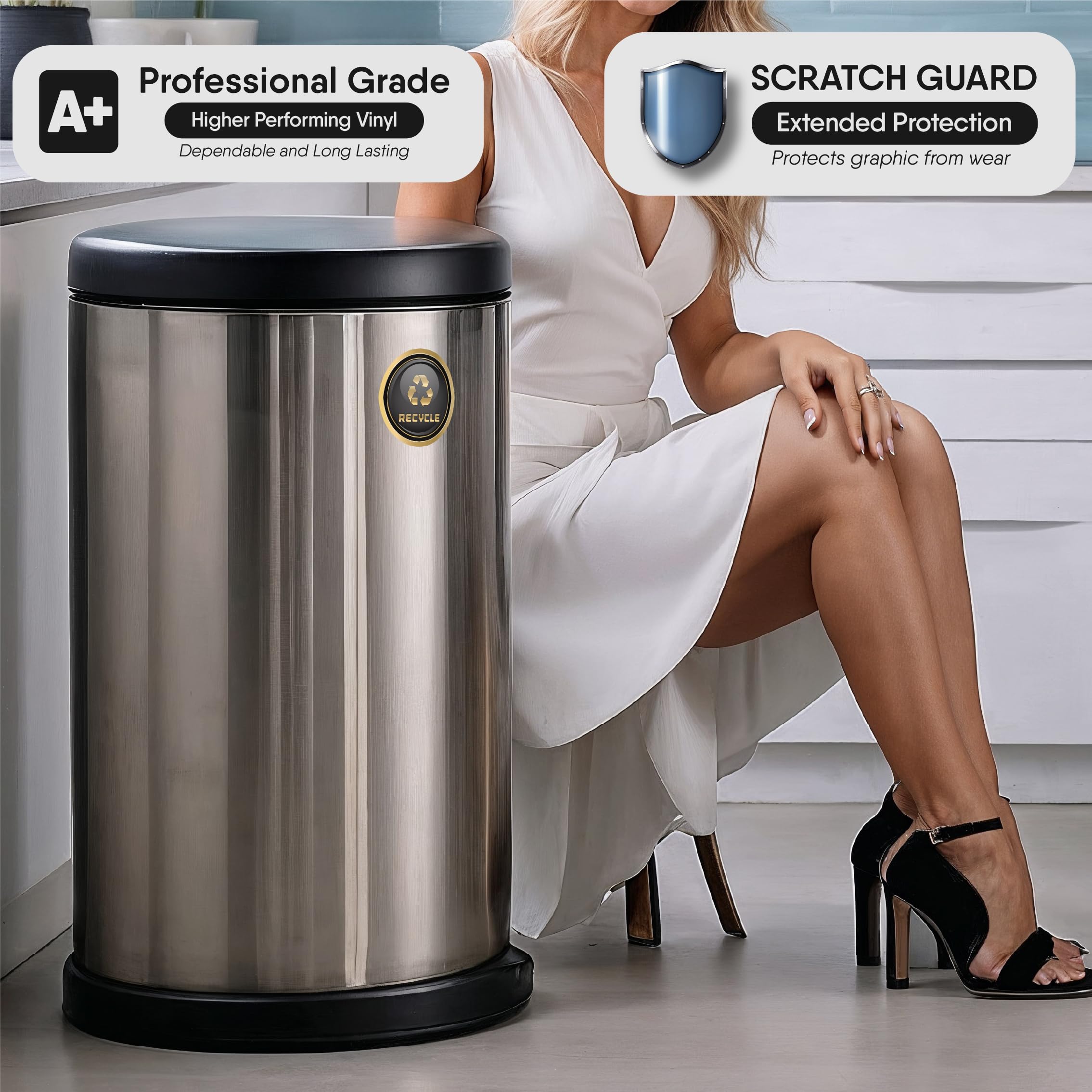 Dual Trash and Recycle Magnets for Kitchen Cans & Bins - 4 Gold Round Magnetic Stickers (2.75 x 2.75 Inch) - Perfect for Home, Office & Outdoor Waste Bins - Organize Garbage & Recycling Easily