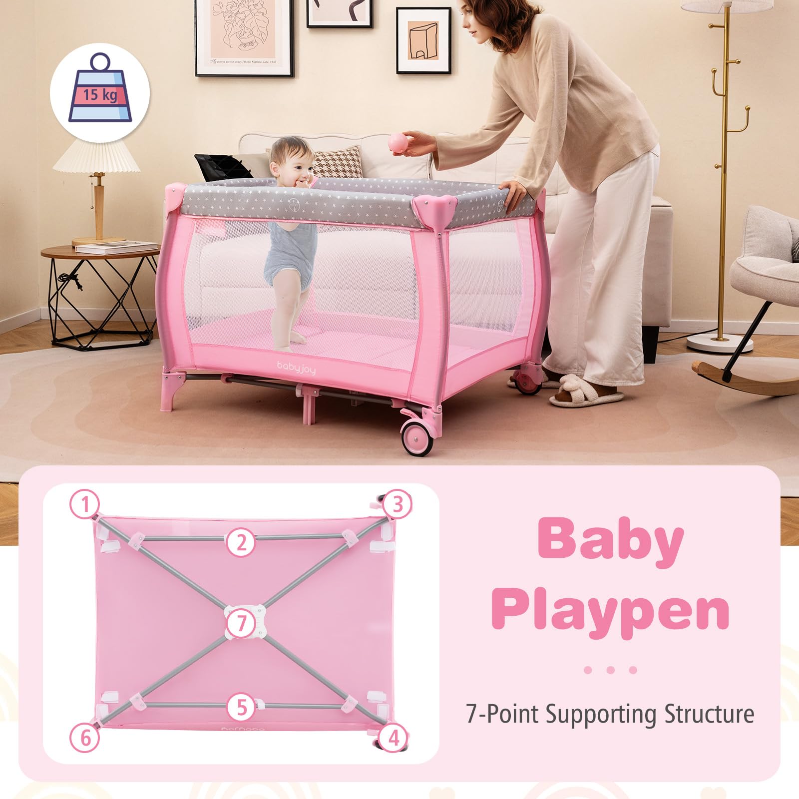 **BABY JOY 3-in-1 Portable Pack and Play with Bassinet & Changing Table - Convertible Travel Crib Playard with Brake Wheels, Newborn Napper & Large Storage Shelf - Includes Oxford Carry Bag - Perfect for Nursery, Travel & On-the-Go Parenting**