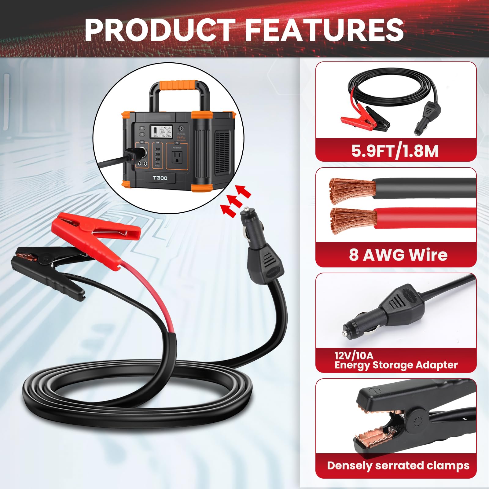 Beaspire 12V 10A Jumper Cables for Energy Storage Battery & Portable Power Station - Universal Car Charging Adapter with 5.9FT 8AWG Cable & Carry Bag - Perfect for Emergency Jump Starts, Camping, and Power Tool Charging