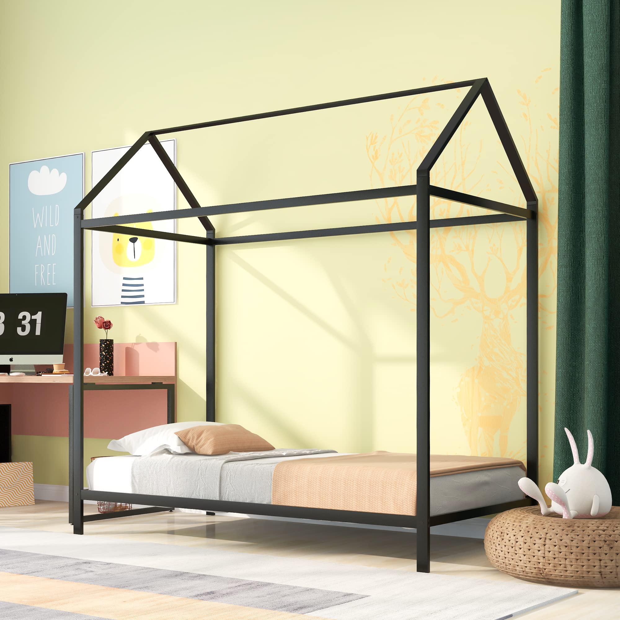 **Twin Size House Bed Frame for Kids - Sturdy Metal Platform Bed with No Box Spring Needed, Silver - Perfect for Kids' Bedrooms, Playrooms & Sleepovers**