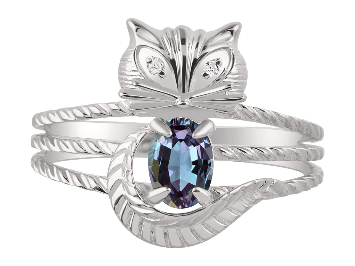 Sterling Silver Cat Birthstone Ring for Women - 7x5mm Oval Gemstone & Diamond Jewelry, Size 5-13 | Elegant Gift for Cat Lovers, Birthday, Anniversary & Everyday Wear
