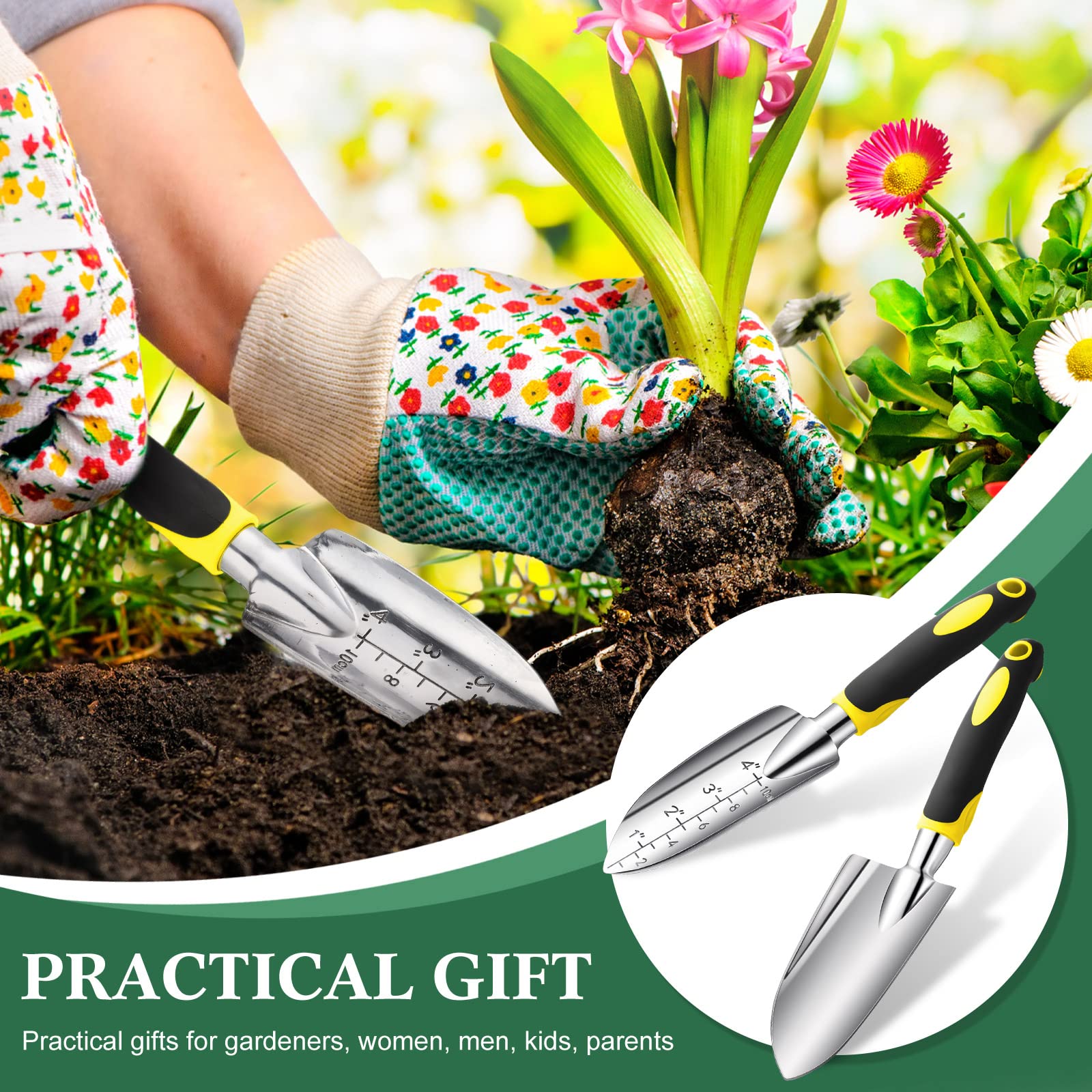 Honoson Aluminum Alloy Garden Hand Trowel with Measurements & Rubber Handle - Small Gardening Shovel for Planting, Transplanting, Cultivating - Perfect for Home Gardens, Flower Beds & Container Plants