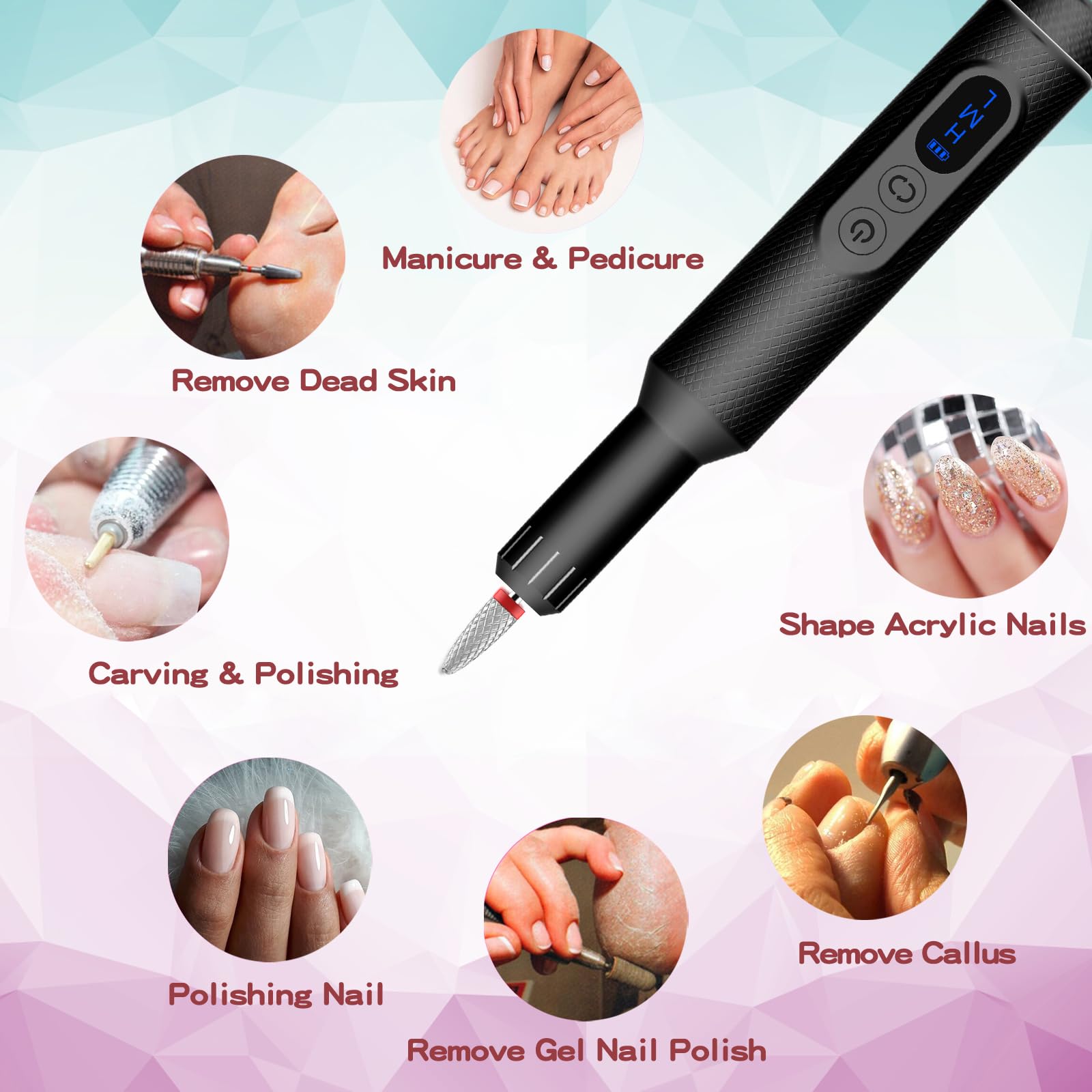 Pinkiou Cordless Electric Nail Drill Kit - 20000 RPM Professional Manicure & Pedicure Set with Wireless Charging Base, 6 Drill Bits & Adjustable Speed - Perfect for Beginners & Home Nail Care