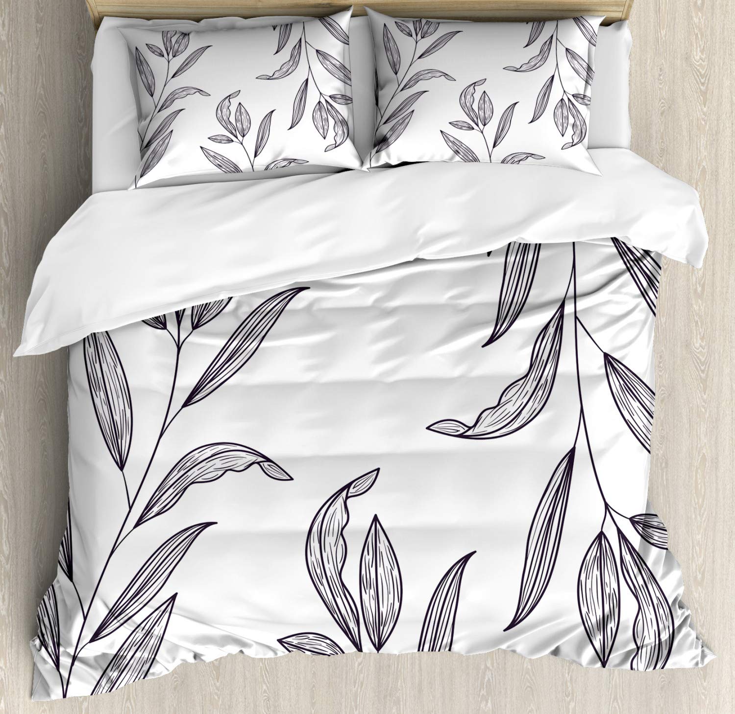 Ambesonne King Size Duvet Cover Set - 3 Piece Bedding with 2 Pillow Shams, Charcoal Grey & White Minimalist Tree Branches Design, Modern Printed Leaf Pattern for Master Bedroom Decor