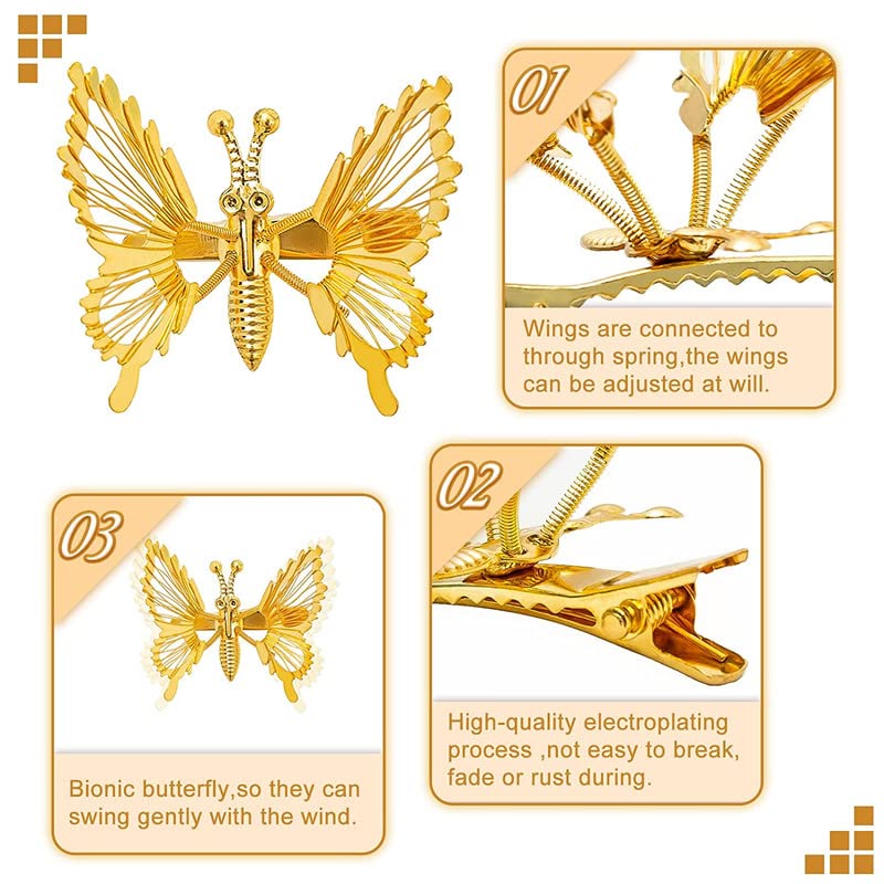 FAMEZA 3 Pcs 3D Moving Butterfly Hair Clips for Women - Gold Metal Hollow Hair Pins, Cute Barrettes & Claw Clips - Elegant Hair Styling Accessories for Girls & Teens - Perfect for Parties, Weddings & Daily Wear