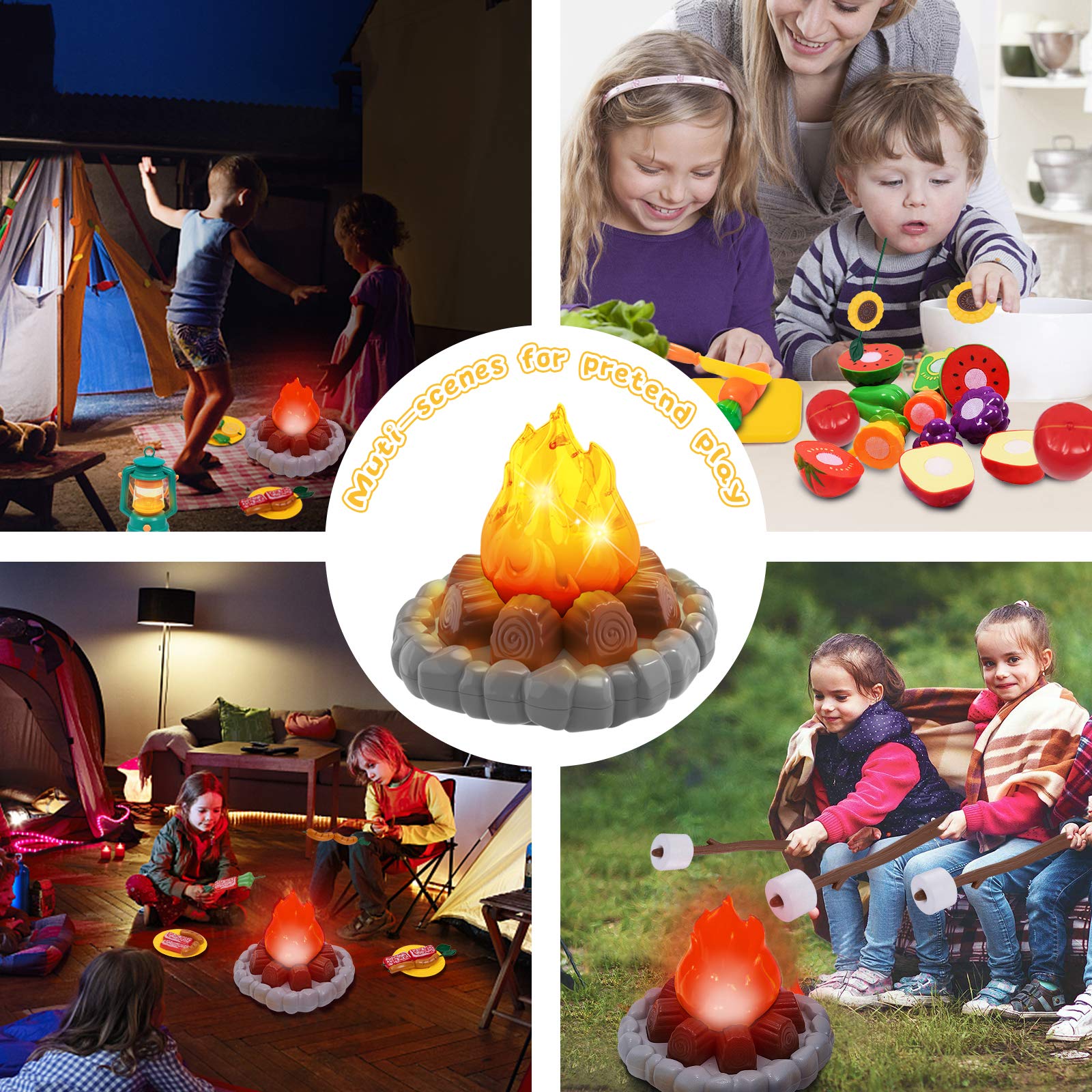 MITCIEN Pretend Camping Toys Play Set for Kids - Campfire, Play Food, Oil Lantern, Cutting Fruits & Vegetables, S'Mores - Educational Outdoor & Indoor Pretend Play Toys for Toddlers (Perfect for Backyard Camping, Playdates & Imaginative Play)