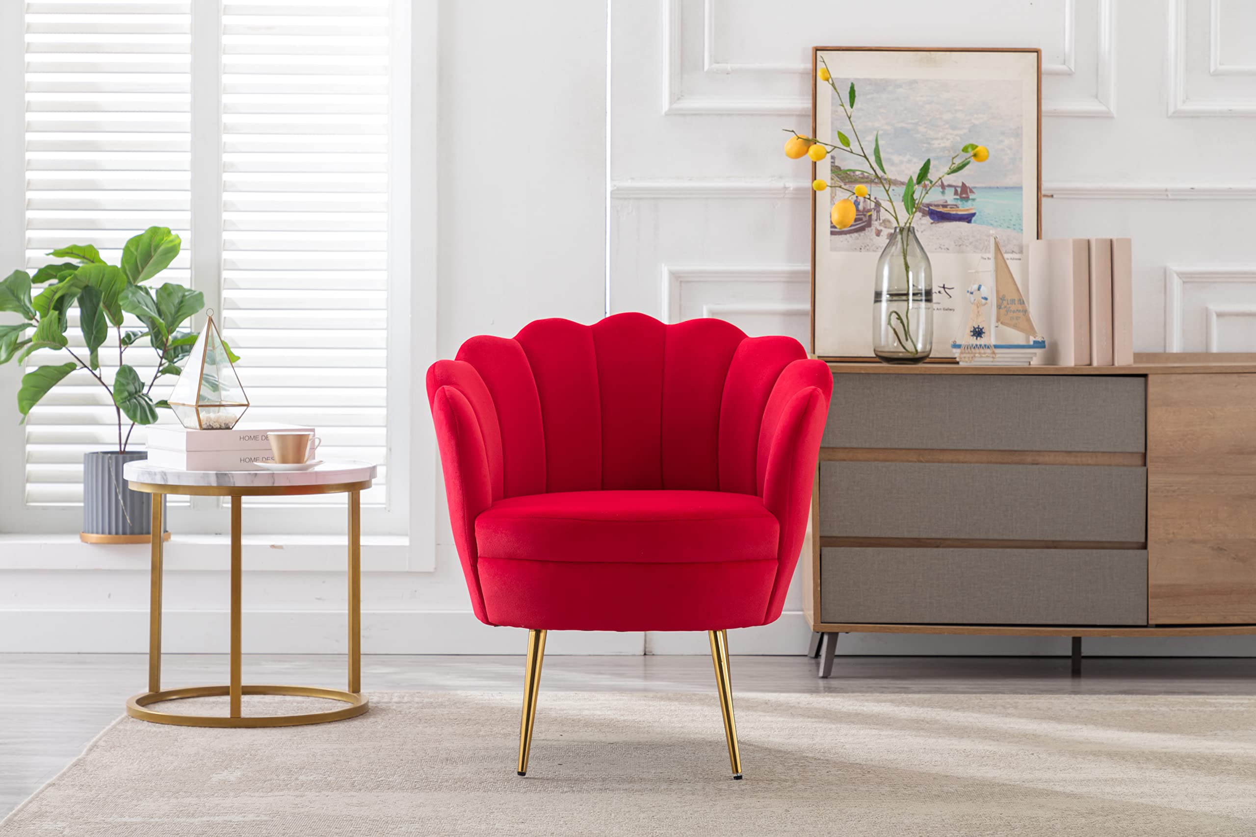ZOBIDO Modern Velvet Accent Chair - Upholstered Armchair with Golden Metal Legs for Bedroom, Living Room & Dining Room | Comfy Makeup Vanity Chair & Stylish Desk Chair (Red)