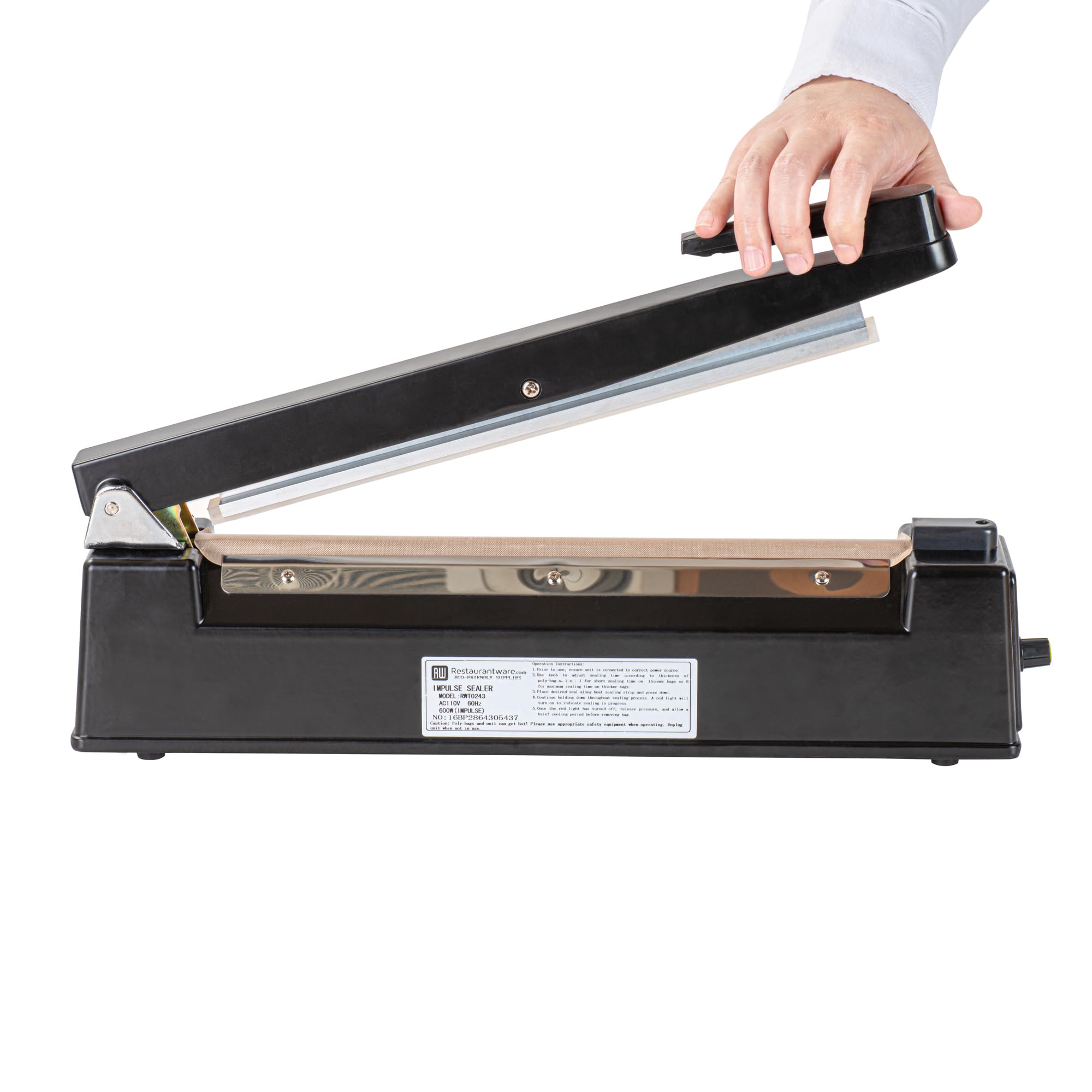 Restaurantware 12 Inch Manual Heat Sealer Machine - Industrial Grade Food Safe Impulse Sealer with Adjustable Temperature Control, Portable Black Aluminum Sealing Equipment for Food Packaging, Vacuum Sealing & Meal Prep