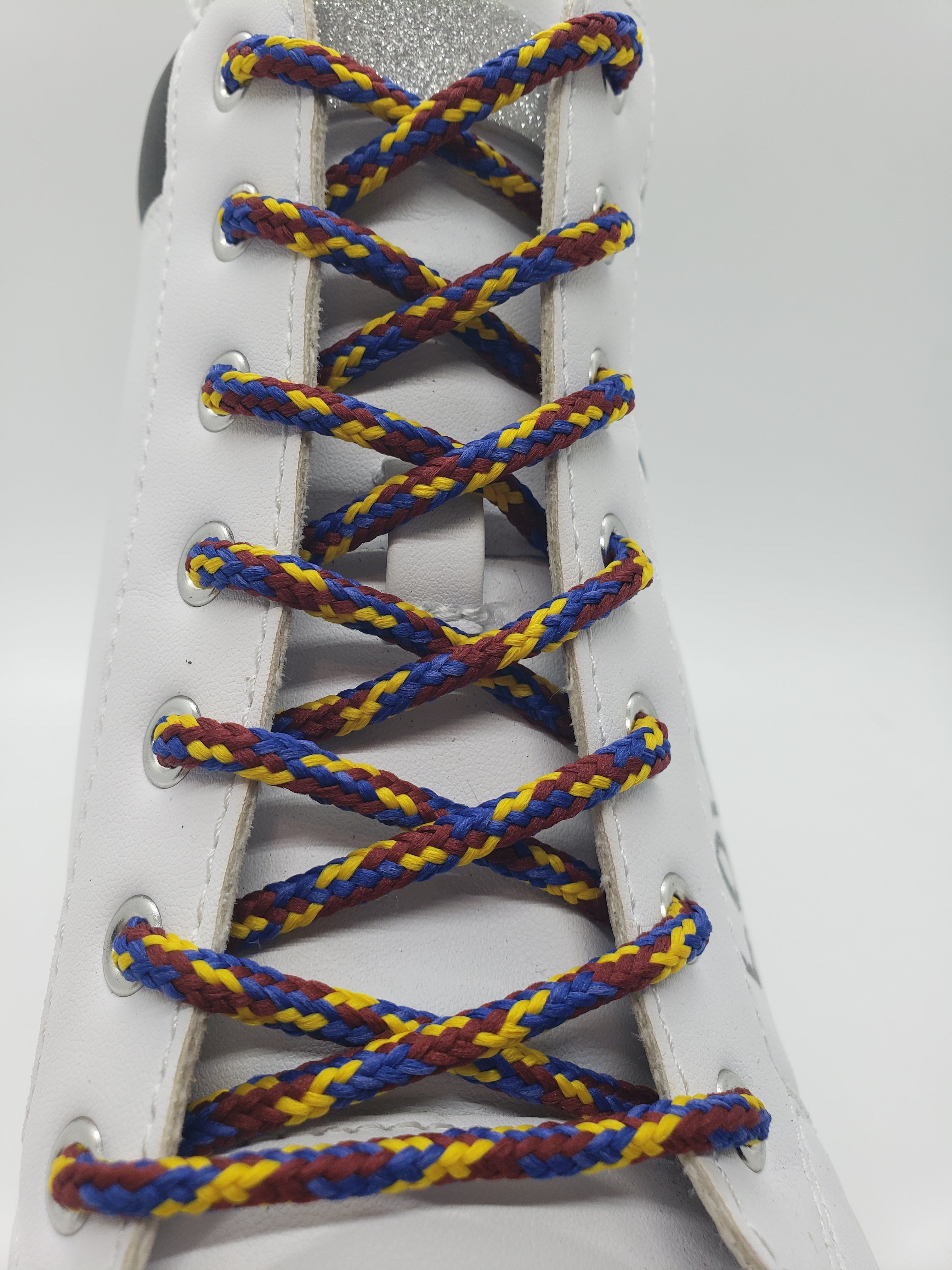 Vibrant Round Multi-Color Shoelaces - Maroon, Yellow & Blue | Durable & Stylish for Sneakers, Boots & Casual Shoes | Perfect for Sports, Fashion & Everyday Wear