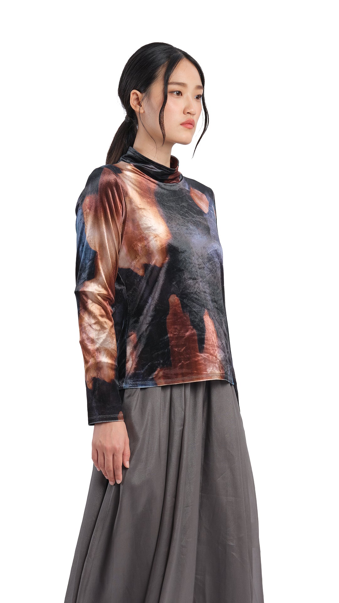 Stylish Watercolor Graphic Velour High Neck Top for Women | Trendy Long Sleeve Blouse | Perfect for Casual Outings, Date Nights & Fall Layering