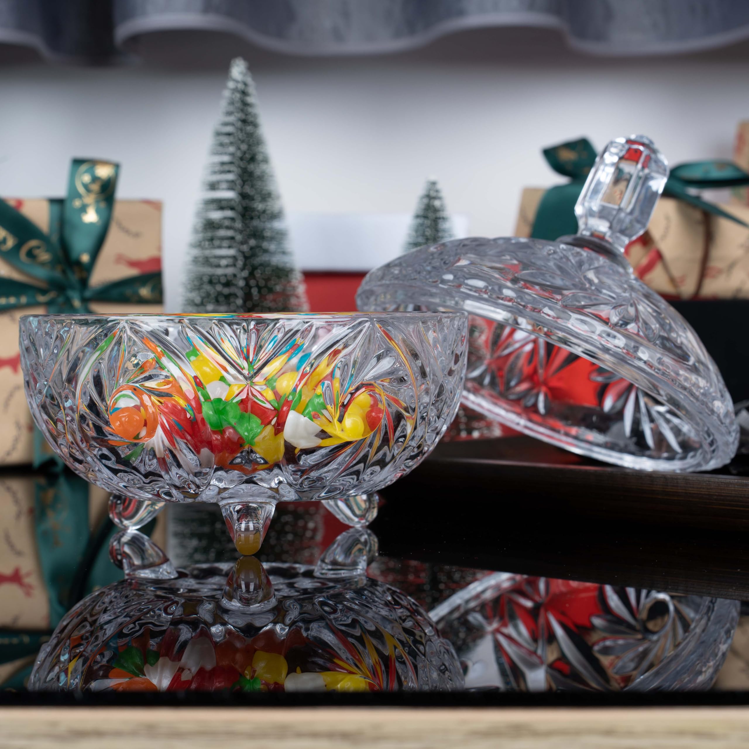 27oz Large Glass Candy Dish with Lid - Crystal Candy Bowl & Dispenser, Embossed Decorative Storage Jar for Candy Buffet, Office Desk, Jewelry | Perfect for Christmas, Wedding, Birthday Gifts & Home Decor