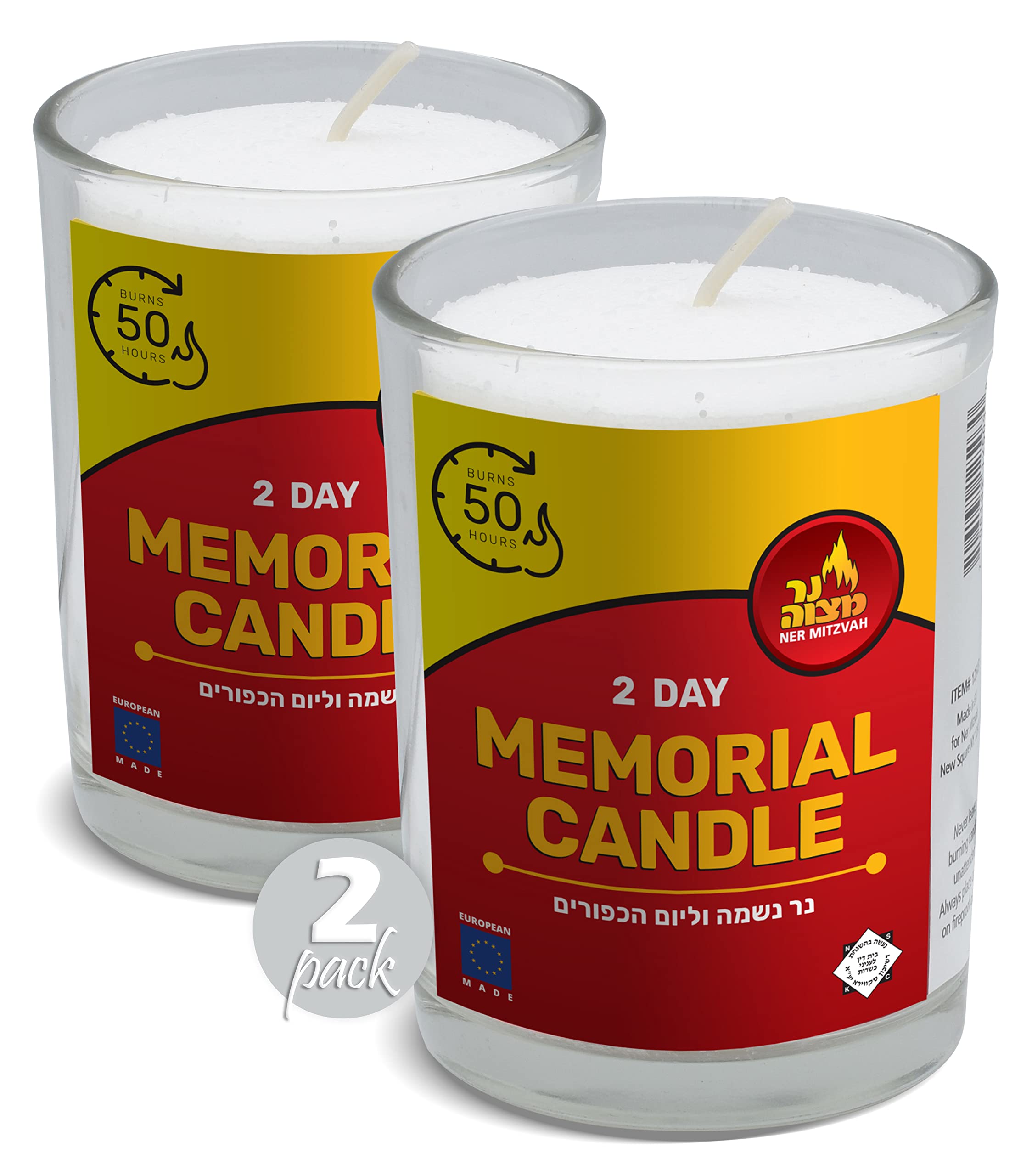48-Hour Yahrzeit Memorial Candles - 2 Pack Jewish Glass Tumbler Candles for Yom Kippur, Ner Mitzvah & Yartzeit - Long-Lasting 2-Day Religious Candles for Remembrance, Synagogue Services & Home Memorials