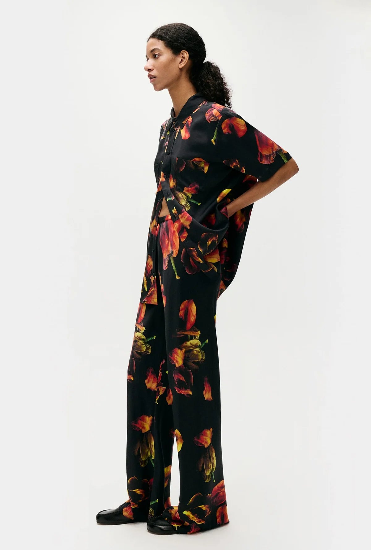 Bias Cut Tulip Hem Pants for Women - Elegant Black High Waisted Wide Leg Trousers for Office, Party & Casual Wear