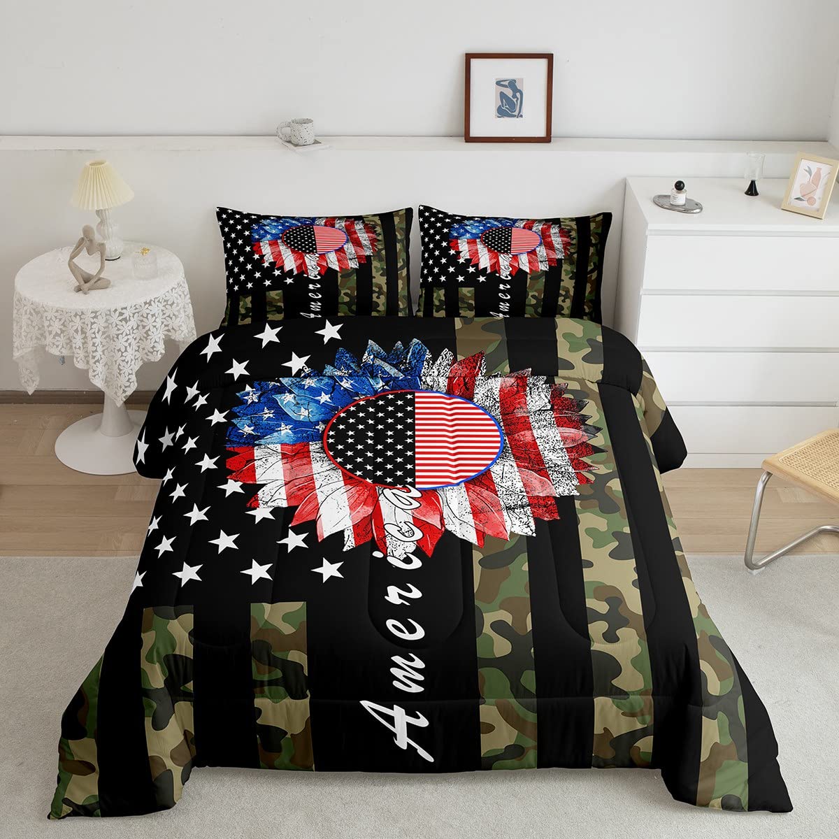 USA Flag Comforter Set - Colorful Sunflower & Camouflage Bedding for Boys, Girls & Kids | All-Season Queen Size Down Alternative Comforter | Perfect for Patriotic Bedroom Decor, Military-Themed Rooms & Seasonal Home Styling