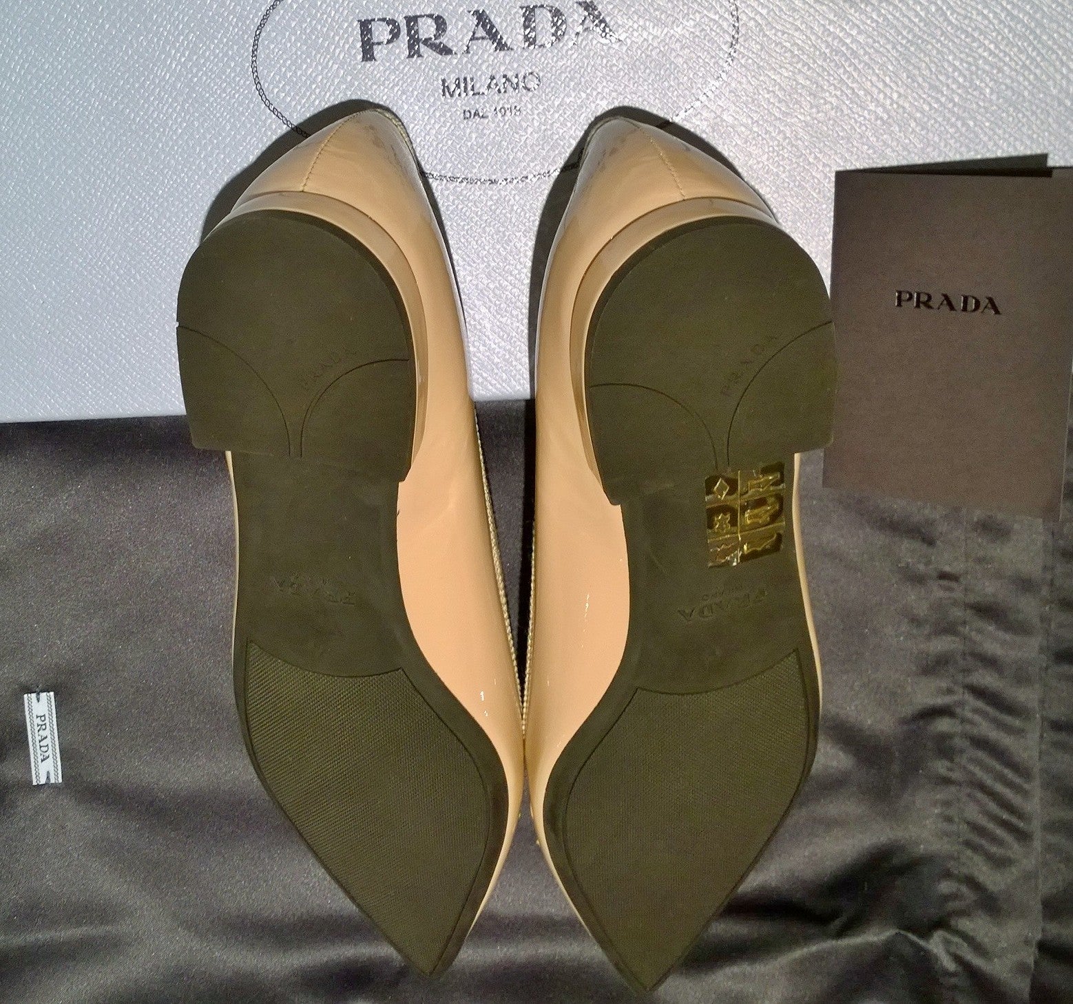 Prada Bow Pointy Ballet Flats - Women's Nude Patent Leather Shoes for Work, Wedding & Formal Occasions