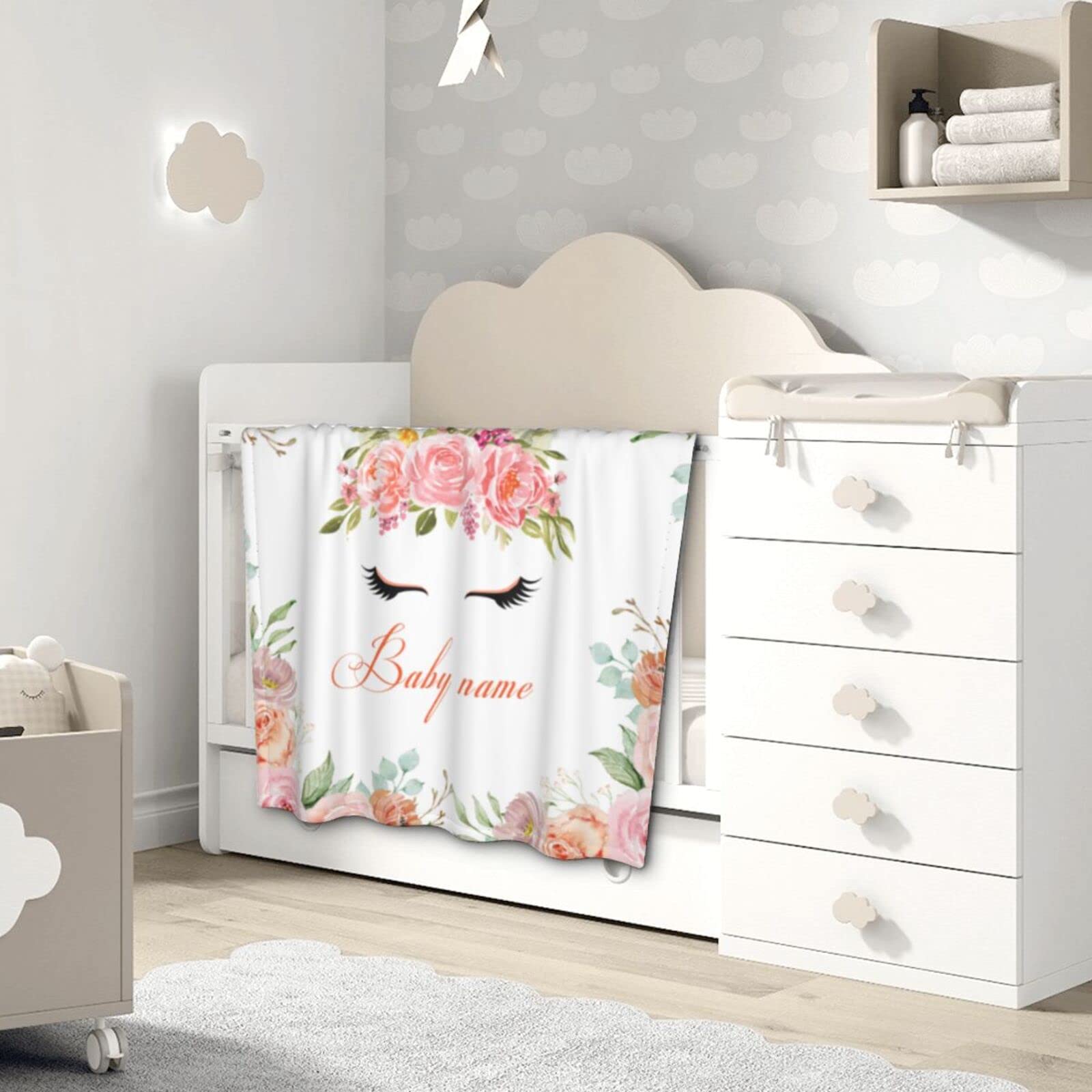 Personalized Baby Blanket with Name - Custom Floral Fleece Blanket for Newborn Girls & Boys - Soft Elephant Design Baby Gift for Shower, Nursery & Photo Props