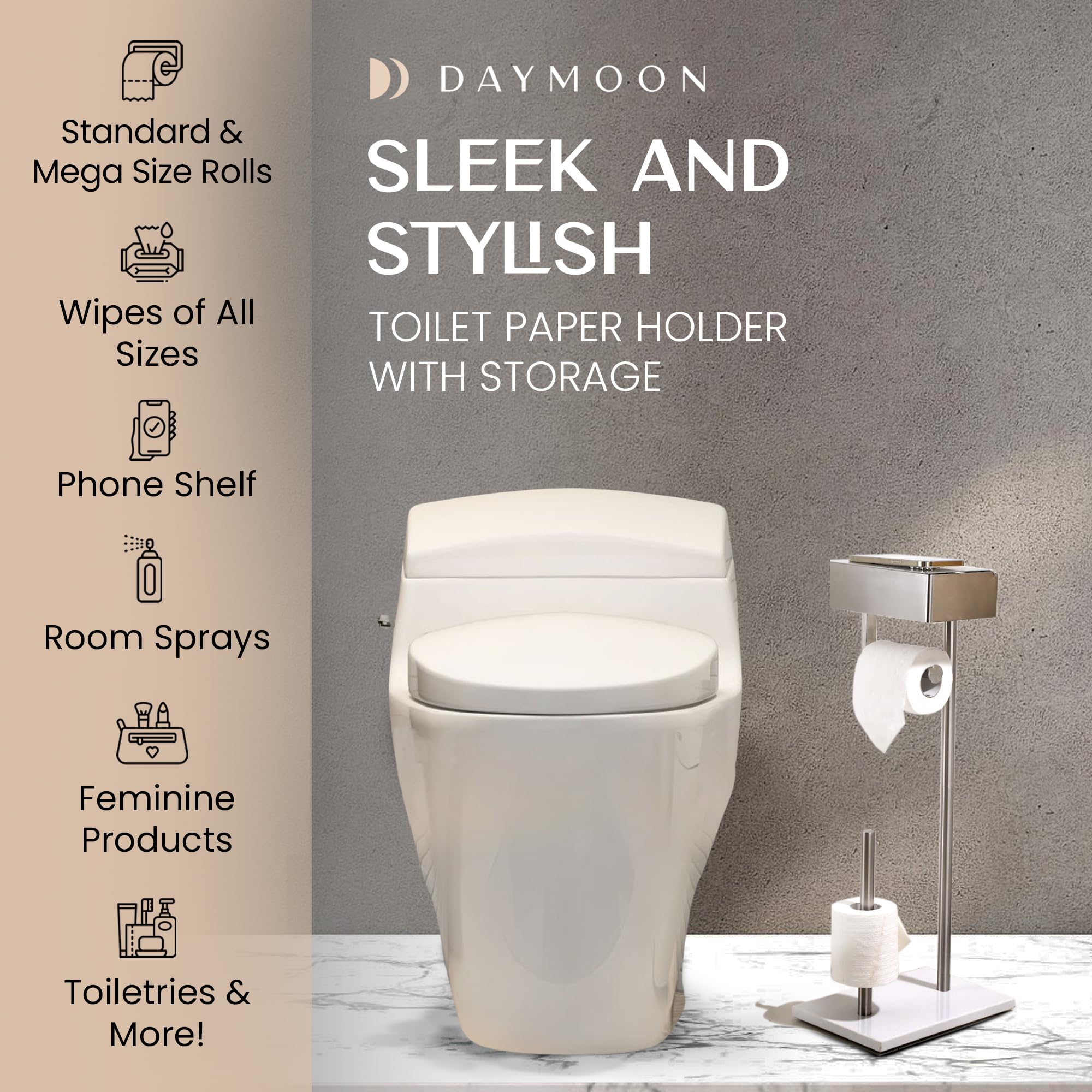 Day Moon™ Brushed Nickel Free Standing Toilet Paper Holder with Storage Shelf - Modern Bathroom Tissue Dispenser & Wipes Organizer - Space Saving Design for Small Bathrooms, Powder Rooms and RVs