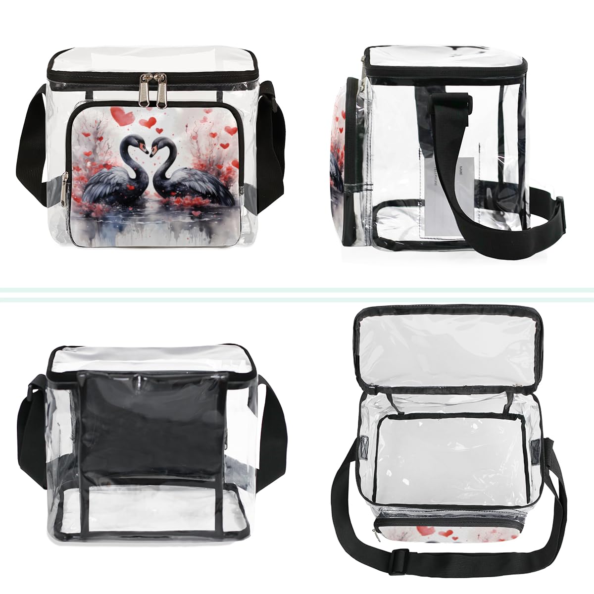 GzLeyigou Clear Heart Shape Tote Bag with Handles - Black Swan Transparent Crossbody Shoulder Bag for Lunch, Travel & Outdoor Activities | Perfect for Picnics, Concerts, Sports Events & Stadium Approved | Fashionable & Functional Carryall for Women